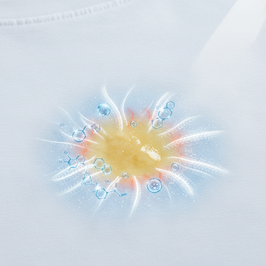 A close-up, slightly elevated shot of a pristine white t-shirt or fabric, clearly showing a distinct, yellowish, slightly oily-looking sunscreen stain. In the background or subtly integrated, an abstract visual concept illustrating tiny oil droplets and chemical UV filter molecules (represented as abstract shapes) being 'trapped' within fabric fibers. A subtle, wavy heat aura or thermal lines around the trapped particles could convey the 'heat fixation' aspect. Detailed, clean product photography style with a scientific/abstract overlay. Focus on clarity and visual impact.