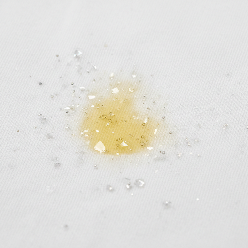 A close-up of a white t-shirt fabric with a translucent, yellowish sunscreen stain, making it look undesirable. Around the stain, subtle, abstract representations of oil droplets and tiny, crystalline structures, hinting at chemical UV filters like titanium dioxide, are subtly embedded within the fabric fibers, illustrating their interaction with the textile. The background is clean and bright white, emphasizing the pristine fabric contrasted with the blemish. Style: detailed macro photography with a clean, modern, and slightly scientific aesthetic.