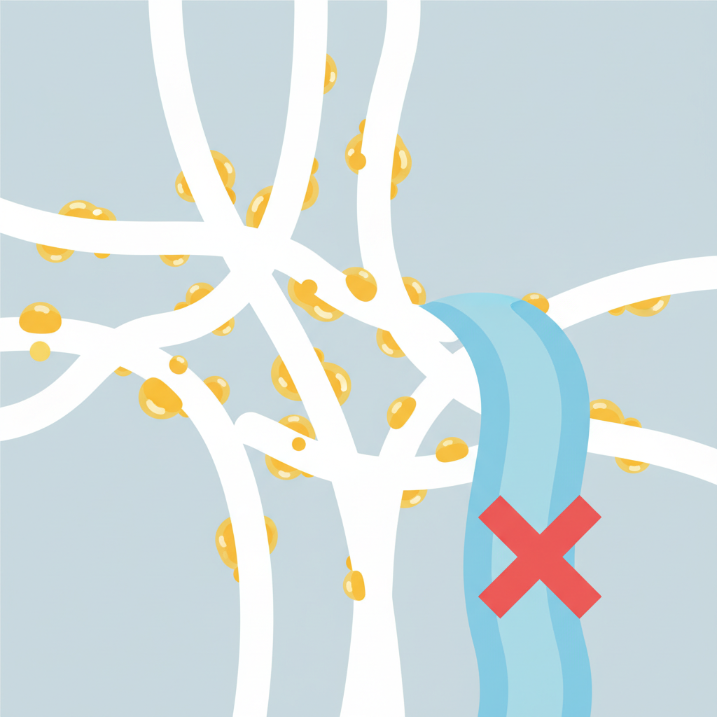 A clean, minimalist flat illustration depicting an abstract representation of fabric fibers interacting with sunscreen residue. Show several interwoven white fabric threads in a microscopic or exaggerated view. Embedded within and clinging to these fibers are numerous small, stylized yellow or translucent oily droplets, representing sunscreen components. A subtle, symbolic 'X' over a stream of water could visually imply that water alone is ineffective at removing these embedded particles, highlighting their stubborn, oil-based nature. The color palette should be bright and simple, using white, yellow, and a touch of light blue for a clean, infographic style.