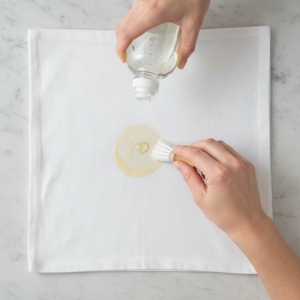 A pair of hands, with short, clean fingernails, carefully applying a single drop of translucent liquid dish soap directly onto a fresh, yellowed sunscreen stain on a piece of bright white fabric. The fabric is spread flat on a clean, light-colored surface. The hand gently rubs the soap into the stain using a soft, circular motion with a finger or a small, soft-bristled brush. The focus is on the action and the contrast between the white fabric, the stain, and the cleaning agent. Bright, clean, professional flat lay or top-down photograph with soft lighting, emphasizing a practical DIY solution.