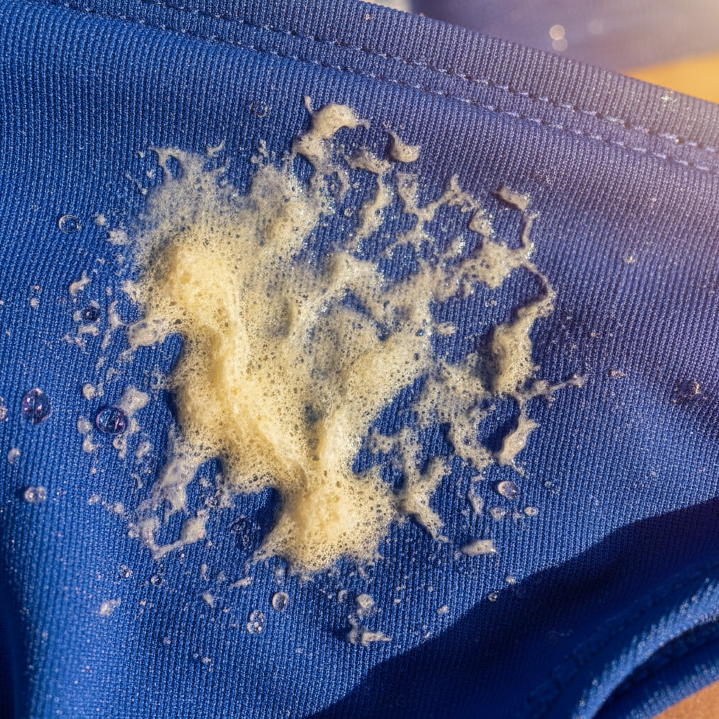 A close-up, macro shot of a vibrant blue bikini fabric (Lycra/Elasthan texture visible). A yellowish-white, oily sunscreen stain is clearly visible, partially absorbed into the fibers. Tiny droplets of sunscreen residue are clinging to the fabric threads, making it look soiled. Subtle warmth from a light source suggests the sun, emphasizing how the stain might set. The overall impression should be of a common, frustrating summer problem. Style: professional macro product photography with a slightly artistic touch, vivid colors and sharp focus on the texture.