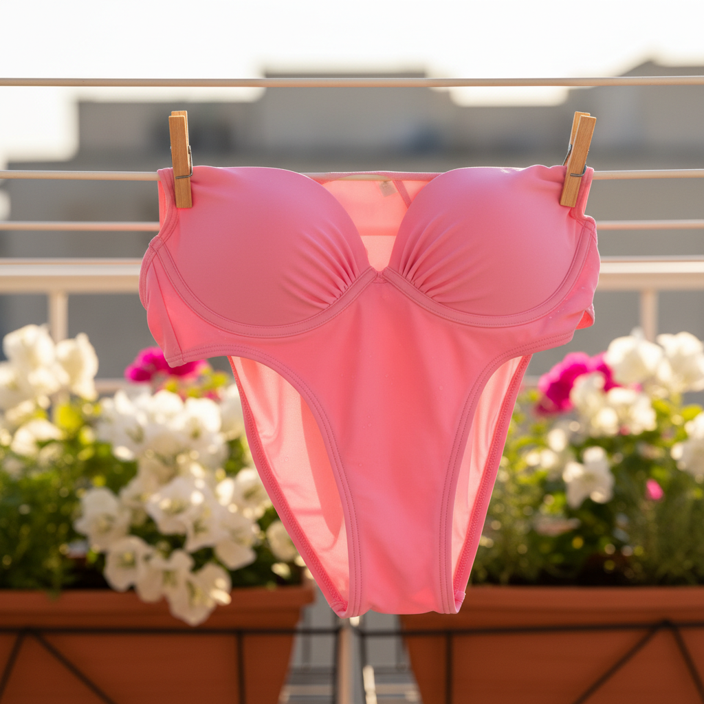 A clean, pristine bright pink bikini top gently draped over a drying rack or clothesline, bathed in soft, natural sunlight. The fabric appears fresh, vibrant, and completely spotless, with no signs of any stains or residue. A slight breeze is subtly implied by the way the fabric hangs. The background is a gently blurred, serene outdoor setting like a sunny balcony or garden, evoking a sense of freshness and successful cleaning. Style: cheerful, aspirational lifestyle photo, bright and optimistic, emphasizing cleanliness and care.