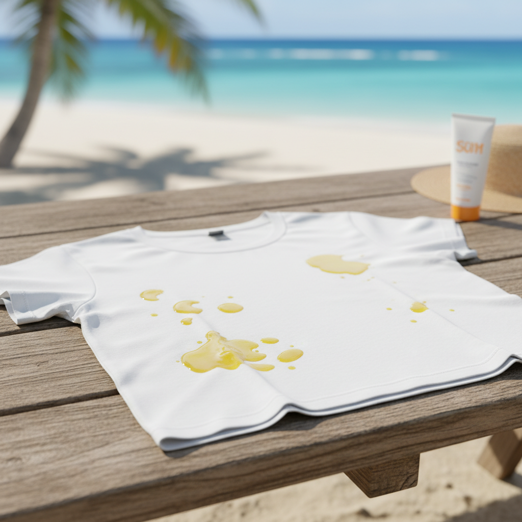 A vibrant, professional photo capturing a common summer dilemma. A crisp white t-shirt or light-colored garment is draped on a clothesline or laid flat, prominently displaying several noticeable, yellowish sunscreen stains. In the soft-focused background, hints of a sunny outdoor scene like a beach or garden evoke the context of sunscreen use. The stains should look stubborn and slightly oily, emphasizing the challenge of removal without being overly messy. The overall mood should be relatable, highlighting the article's core problem in a clean, appealing way.