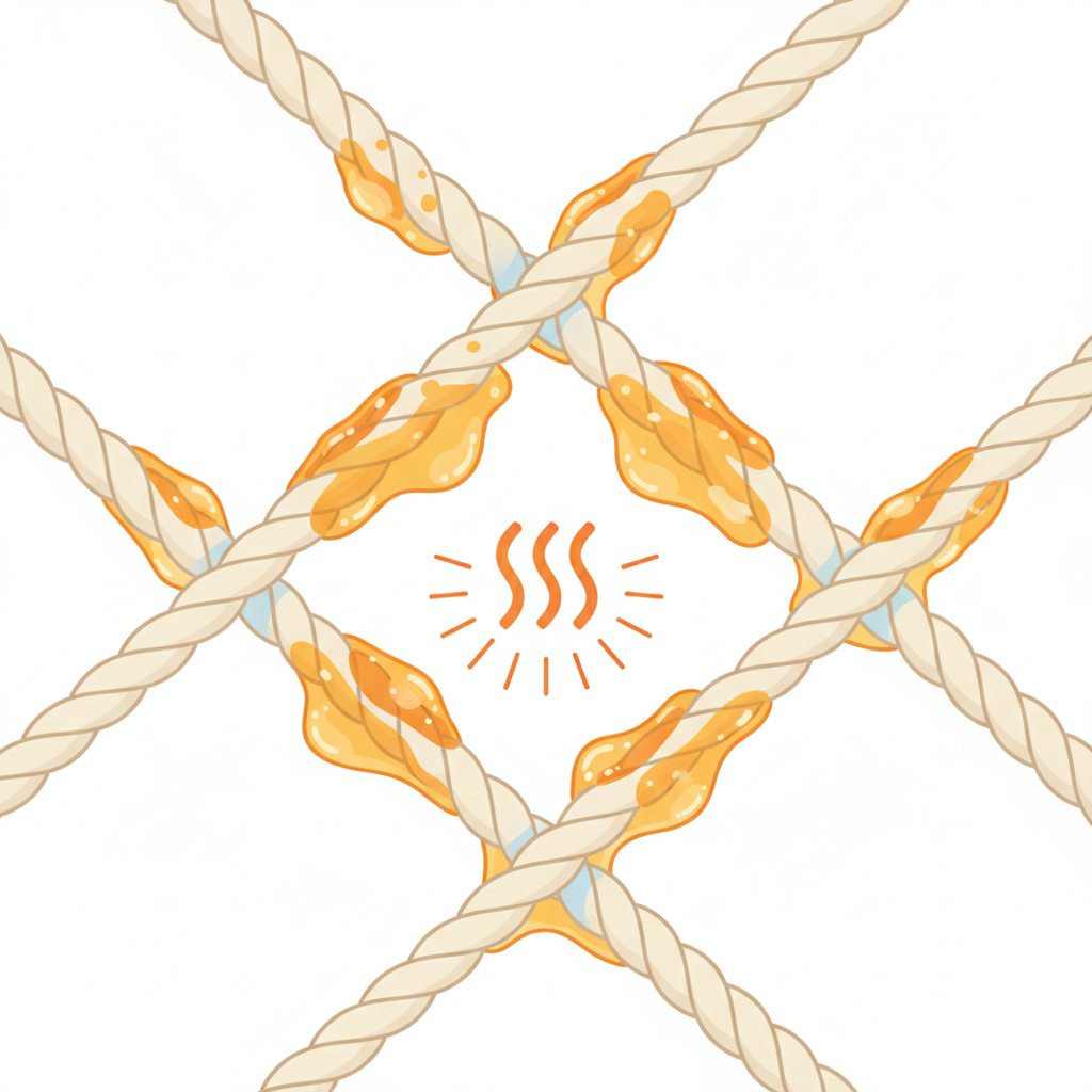 A clear, infographic-style illustration depicting the stubborn nature of sunscreen stains at a microscopic or conceptual level. The image should show magnified fabric fibers (e.g., crisscrossing threads) with oily, viscous sunscreen components (represented as abstract blobs or droplets) deeply embedded within them. A subtle visual element, like a faint heat wave icon or warmer color gradient, could suggest how heat 'fixes' these stains into the fibers, making them difficult to remove. The color palette should be clean, using light fabric tones and yellow/orange for the stains, against a simple background.