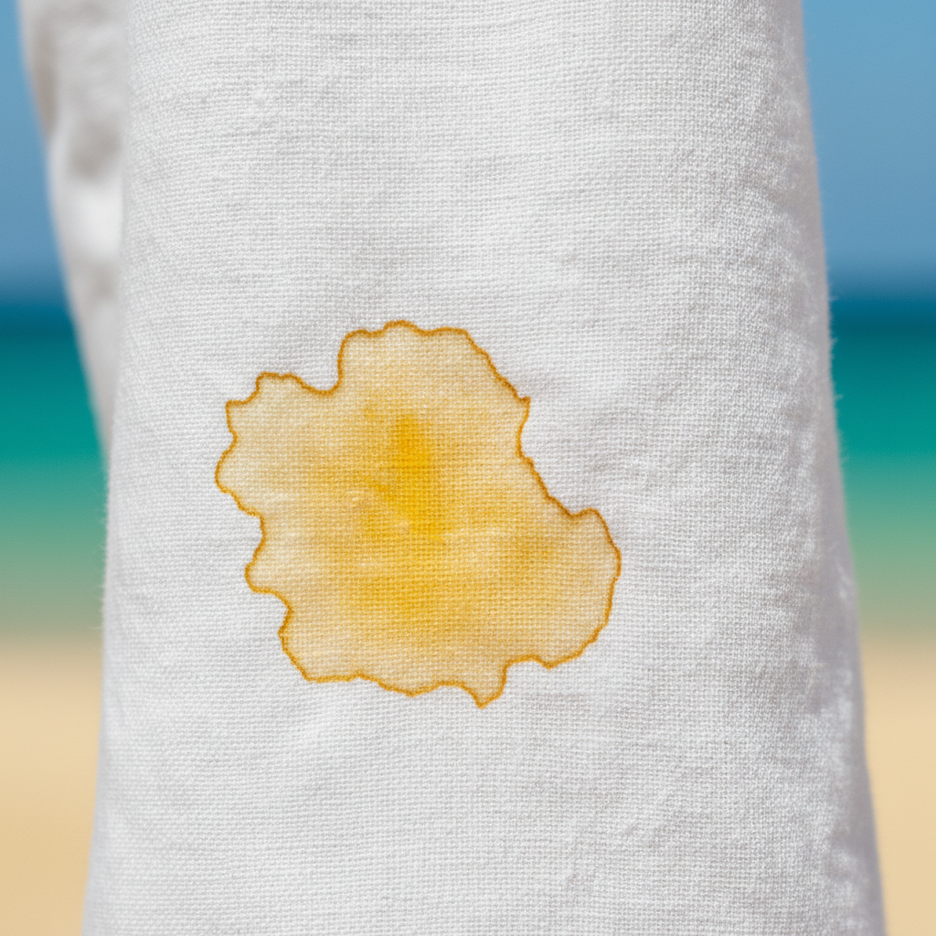A vibrant, high-resolution professional photo depicting a close-up of a white linen shirt with a noticeable, yellowish-orange sunscreen stain. The stain appears slightly oily and has visibly permeated the fabric fibers, creating a distinct boundary. The fabric itself shows subtle texture, emphasizing the challenge of the stain. The background is softly blurred, hinting at a bright, sunny outdoor setting, but the focus remains sharply on the stain and fabric. The overall mood is slightly problematic, highlighting the common issue discussed in the article.