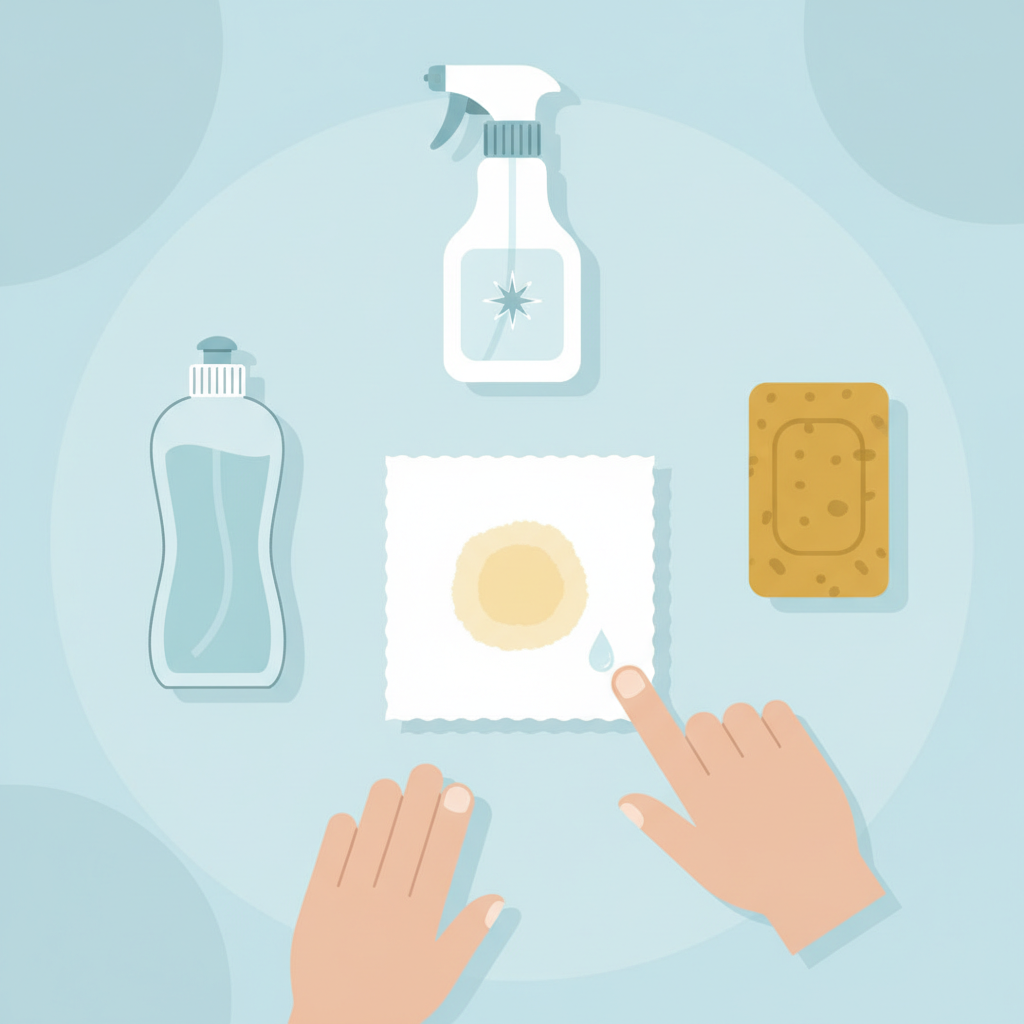 A clean, bright flat illustration showcasing various household items used for pre-treating sunscreen stains. At the center is a small piece of light-colored fabric (e.g., white cotton) with a subtle, round, yellowish stain. Arranged neatly around it are distinct, generic representations of a transparent bottle of liquid dish soap, a rectangular bar of yellow-brown gall soap, and a generic spray bottle (visually indicating 'Stain Remover' without any actual words). A pair of hands is subtly shown, one finger gently dabbing the stained fabric with a small amount of liquid, implying application.