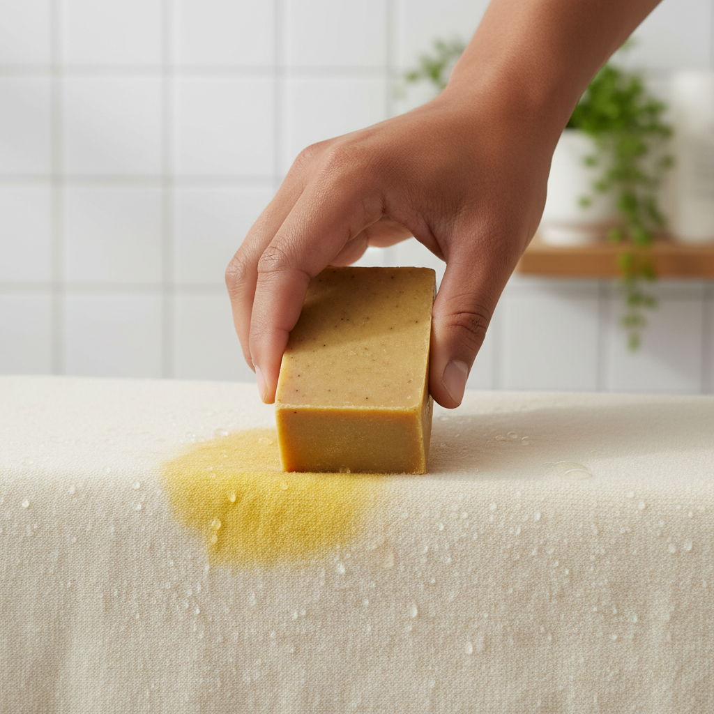 A vibrant, professional close-up photo showing a diverse hand applying a solid bar of natural gall soap directly onto a fresh, yellow-tinged sunscreen stain on a piece of light-colored cotton fabric, possibly a part of a t-shirt or towel. Water droplets are visible on the fabric around the stain, indicating it has been pre-moistened. The scene is well-lit, with a shallow depth of field, focusing sharply on the soap, hand, and stain, conveying a sense of effective cleaning. The background is softly blurred, hinting at a laundry or bathroom setting.