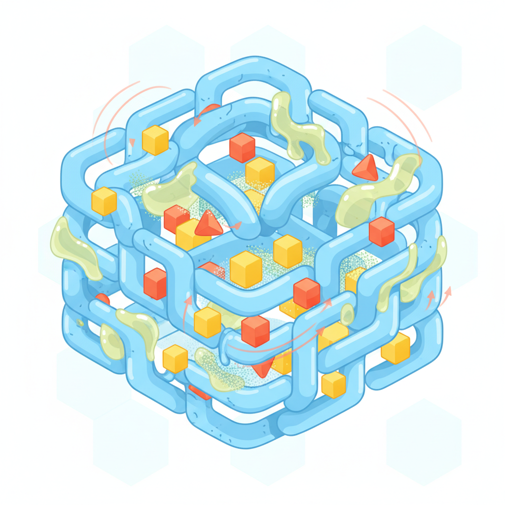 A clean and modern infographic-style illustration conceptually depicting the microscopic reasons behind sunscreen stains. The image features stylized, magnified textile fibers, possibly in a loose weave. Abstract representations of chemical UV filter molecules (e.g., small geometric shapes) and oil droplets are shown actively penetrating and embedding themselves into the fiber structure. Subtle visual cues like faint, wavy lines around the fibers could suggest heat, or slight overlapping textures could imply friction, illustrating the contributing factors to the stain's adherence. The color palette is bright and clear, using distinct hues for the fibers, UV filters, and oil components.
