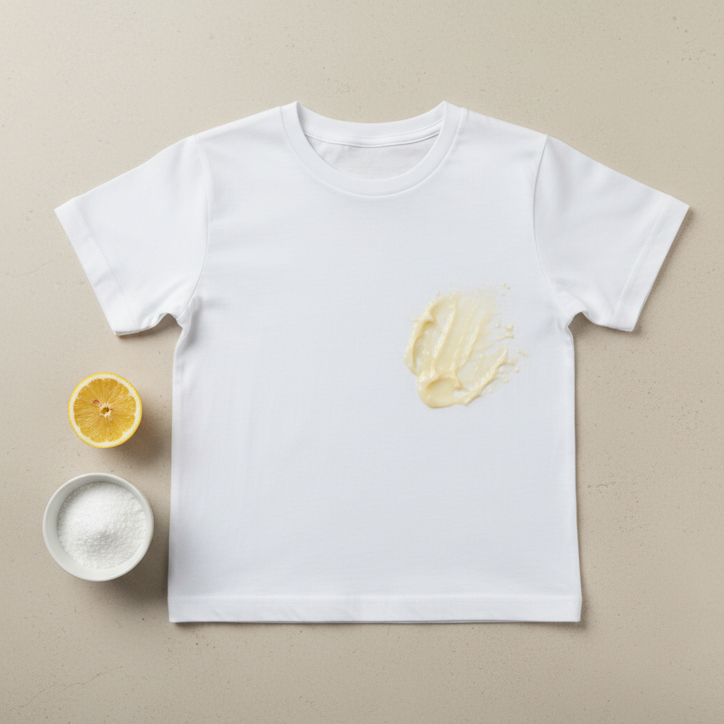 A professional, clean product photography style image. A pristine white cotton t-shirt is laid flat on a light-colored, minimalist surface. A distinct, yellowish-white sunscreen stain is visible on a portion of the fabric, appearing thick and greasy. Beside the t-shirt, there is a small, elegant ceramic bowl filled with fine white crystalline powder, representing citric acid. A fresh lemon half, with its cut side visible, is positioned near the bowl, subtly hinting at the natural origin. The lighting is bright and even, creating a sense of cleanliness and effectiveness. Focus on the contrast between the stain and the potential solution.