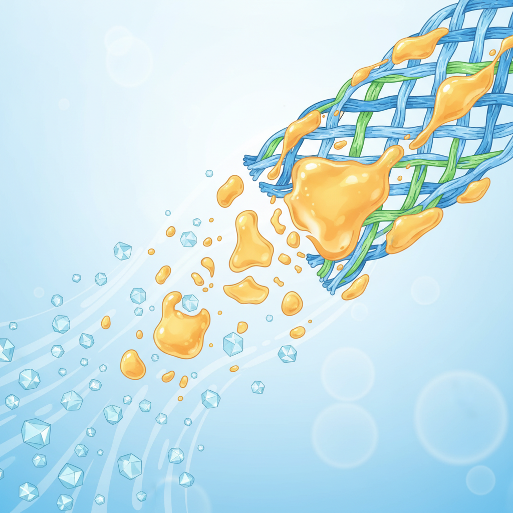 A detailed infographic-style illustration depicting a conceptual microscopic view of textile fibers. The fibers are depicted as interwoven strands, and several sticky, oily-looking blobs, representing sunscreen residue (a mix of fats and UV filters), are stubbornly clinging to them. In a dynamic sequence within the same image, smaller, geometric shapes representing citric acid molecules are shown actively approaching and interacting with these sunscreen blobs, causing them to visibly break apart, dissolve, or detach from the fibers. Use a clean, bright color palette with subtle gradients, emphasizing the scientific process of stain removal.