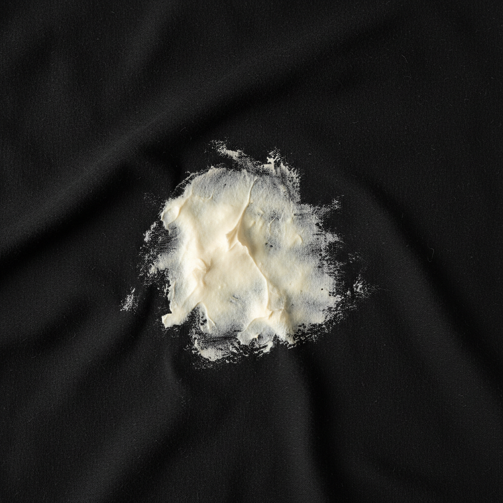 A high-resolution, professional studio photograph close-up of a crumpled black t-shirt or fabric, with a distinct, prominent white-yellowish sunscreen stain on its surface. The stain should appear somewhat thick and oily, contrasting sharply with the deep black fabric. Focus on the texture of both the fabric and the residue, highlighting the common and annoying problem. The lighting should be clean and even, emphasizing the visual impact of the unwanted mark. The composition should be simple, making the stain the undeniable focal point, showing the typical 'before' state.