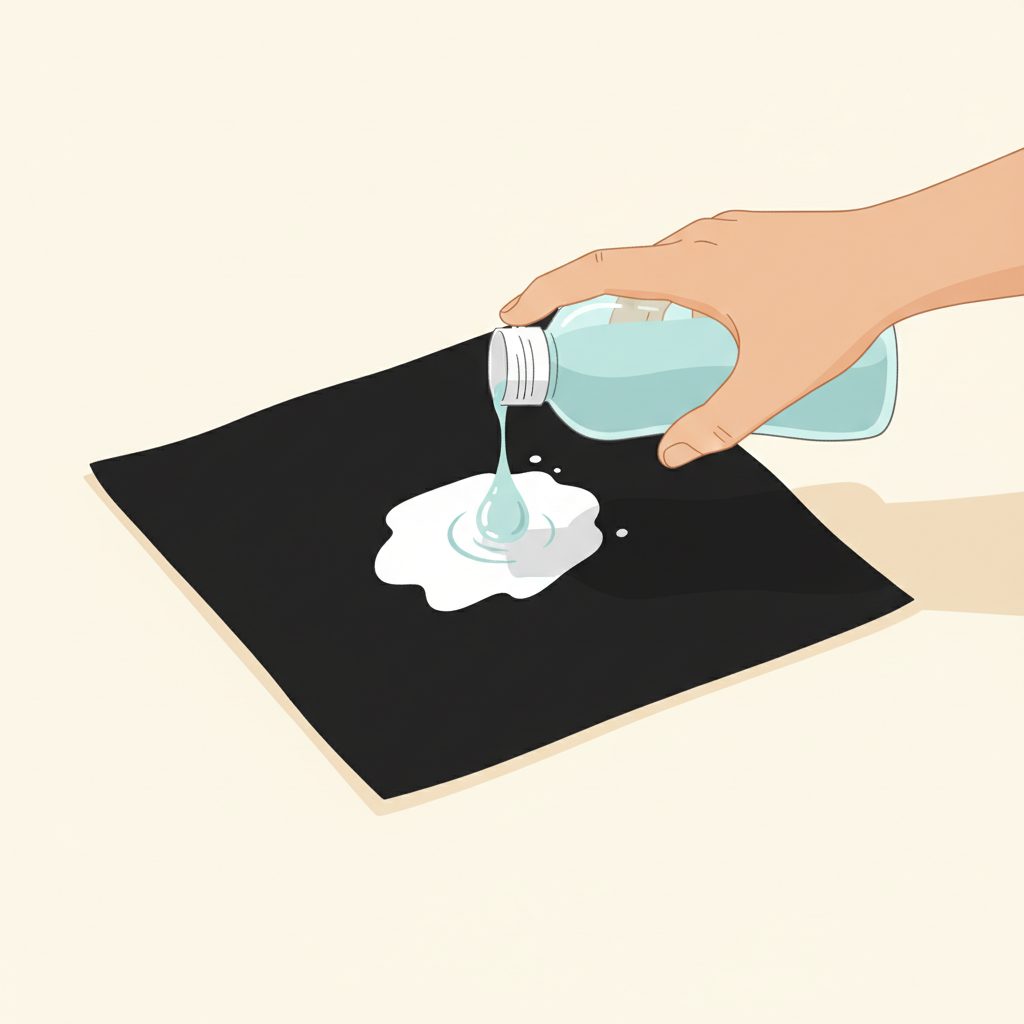 A clean, minimalist flat illustration depicting a step in the sunscreen removal process. A section of dark black fabric is shown on a light surface, with a visible, lighter sunscreen stain. A hand (neutral skin tone) holds a bottle of clear dish soap, squeezing a droplet directly onto the center of the stain. The dish soap should be depicted as a thick, viscous liquid, just beginning to spread. The overall aesthetic should be clear, instructional, and easy to understand, focusing on the action of applying the cleaning agent to the affected area.