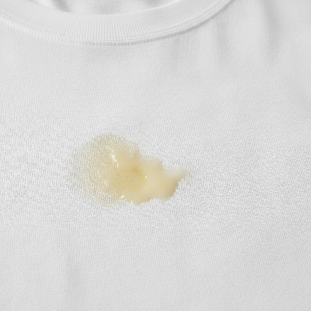 A close-up, professional studio photo of a pristine white cotton t-shirt with a distinct, yellowish sunscreen stain prominently visible on the fabric. The stain appears oily and slightly opaque, contrasting sharply with the bright white material, highlighting the common summer clothing problem. The texture of the fabric should be clear, and the lighting should emphasize the sheen of the oily residue. The overall image should be clean, focused, and immediately convey the challenge of sunscreen marks.