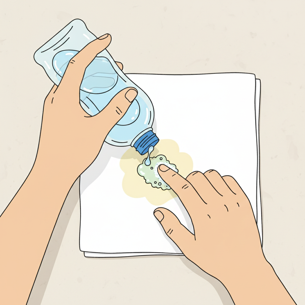 A bright and clear flat illustration showing a person's hands in action, gently dabbing a small amount of liquid dish soap directly onto a visible, light yellowish sunscreen stain on a piece of white fabric. The fabric is laid flat on a clean, light-colored surface. A small, generic bottle of dish soap is visible in one hand, while the other hand is carefully working the soap into the stain, suggesting the initial steps of stain removal. The style should be clean, instructional, and easy to understand.