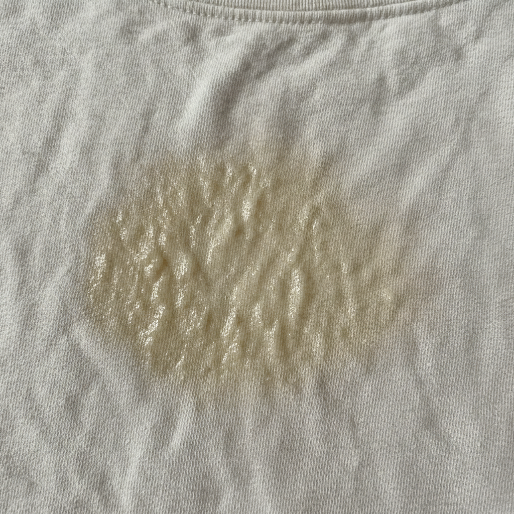 A close-up, high-quality professional photo showing a section of a light-colored, casual t-shirt or linen fabric. A prominent, slightly yellowish, and somewhat greasy sunscreen stain is clearly visible, deeply set into the fibers. The lighting should emphasize the texture of the fabric and the challenging nature of the embedded stain, perhaps with a subtle shadow suggesting depth. The overall mood conveys the common frustration of stubborn laundry marks. Focus on visual clarity and the realistic depiction of the stain without any distractions.