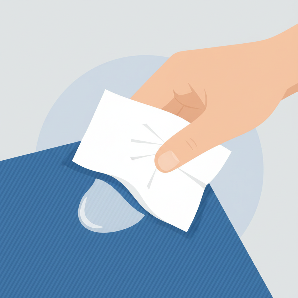 A clean and modern flat illustration depicting the initial step of sunscreen stain removal. A hand, with a gentle and deliberate motion, holds a folded white paper towel or clean cloth, carefully dabbing a fresh, white sunscreen glob on a piece of blue denim fabric. The illustration should highlight the action of absorption, showing the paper towel slightly picking up the creamy substance without spreading it. The background is simple and uncluttered, putting emphasis on the hands, fabric, and the dabbing action.