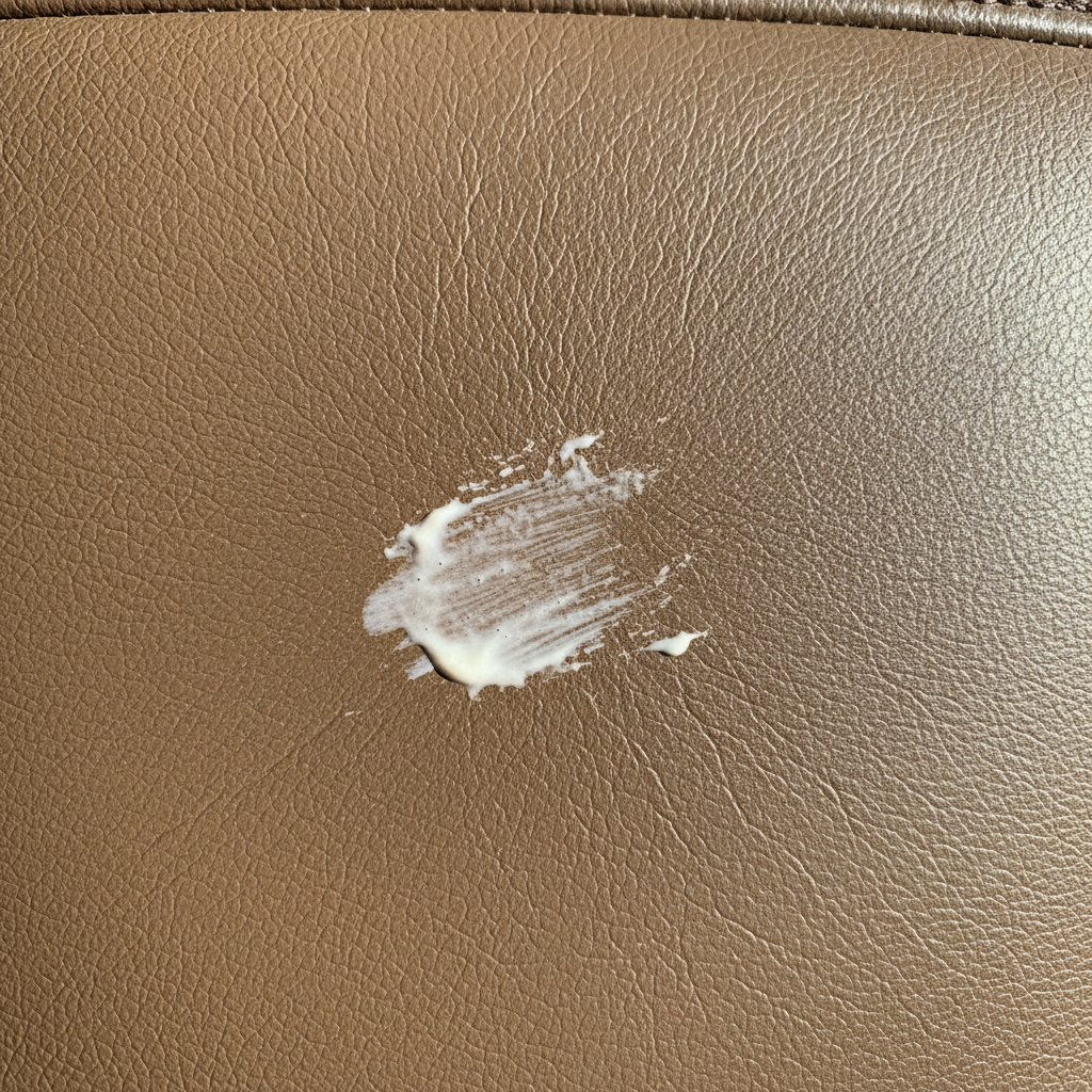 A close-up, high-resolution professional photo depicting a fresh, oily sunscreen stain on a textured brown leather surface. The stain appears as a slightly whitish, creamy residue that has begun to seep into the leather, showcasing its stubborn nature. The leather itself should show fine grain details, possibly from a car seat, sofa, or handbag, to emphasize the real-world problem. The lighting should be natural and highlight the contrast between the clean leather and the intrusive stain, without being overly dramatic.