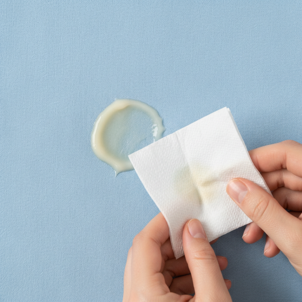 A close-up, top-down view of a light-colored (e.g., white or light blue) t-shirt fabric with a distinct, fresh, greasy-looking sunscreen stain in the center. A person's hands are gently dabbing the stain with a folded piece of white paper towel, slightly absorbing the excess cream without spreading it. The fabric fibers are subtly visible, emphasizing the initial penetration of the stain. The overall impression should be clean, practical, and slightly urgent. Use a professional, crisp photo style, brightly lit, focusing on the hands and fabric.