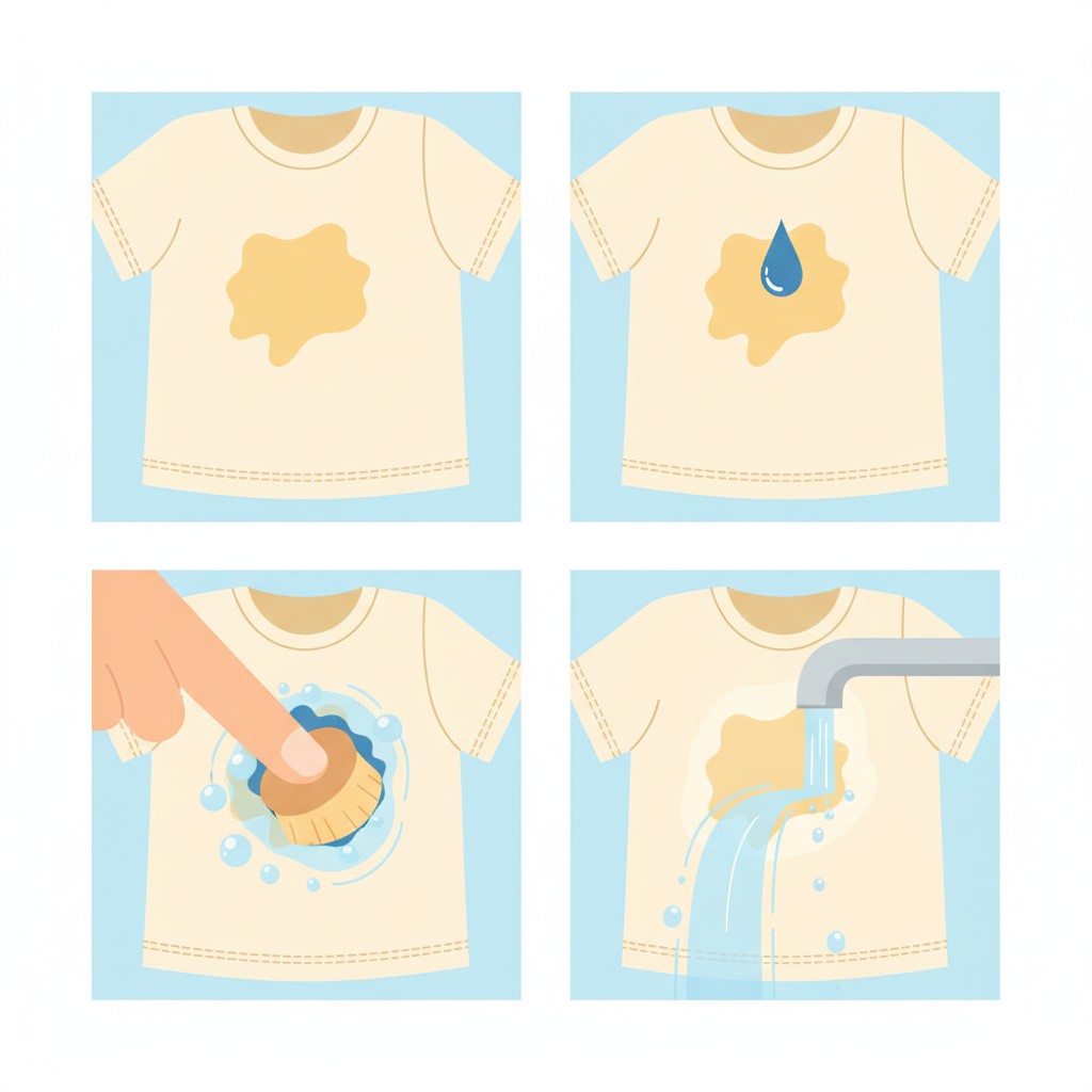 A multi-panel flat illustration, depicting a sequential cleaning process. Panel 1: A light-colored t-shirt fabric with a visible, oily sunscreen stain. Panel 2: A small, concentrated drop of blue liquid dish soap being applied directly onto the stain. Panel 3: A finger or a soft, bristled brush gently working the applied dish soap into the stained fabric in a circular motion. Panel 4: The treated area of the fabric being rinsed under a gentle stream of clear water from a faucet, showing the soap and stain beginning to wash away. Use a clean, modern flat illustration style with a bright, approachable color palette.
