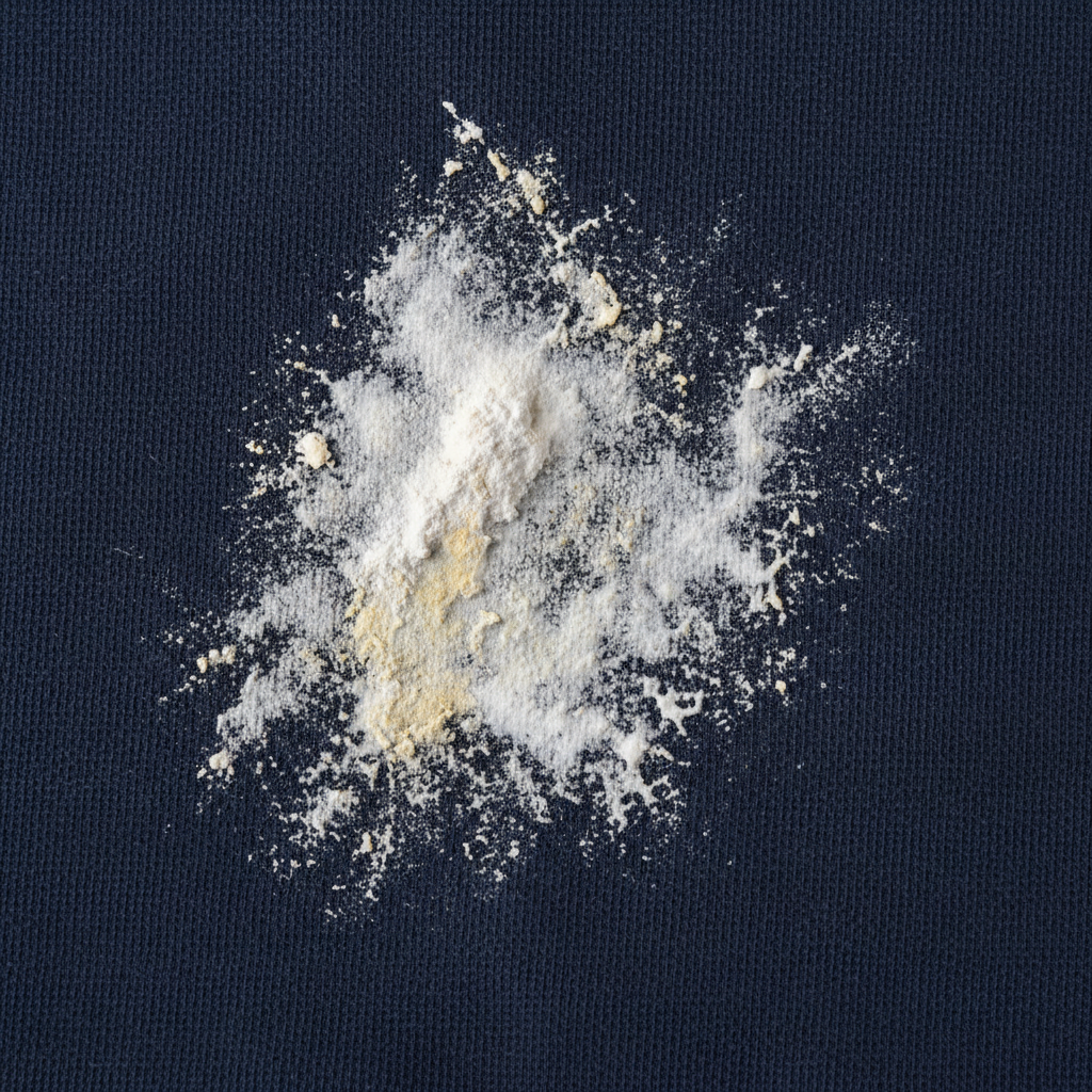 A close-up, high-detail shot of a dark navy blue t-shirt or a black piece of fabric. A prominent, dried white or yellowish sunscreen stain is clearly visible on the textile, contrasting sharply with the dark background. The texture of the fabric fibers (e.g., cotton or denim) is discernible, showing how the oily residue has settled into the weave. The lighting should be crisp and emphasize the unwanted stain, highlighting the 'problem' aspect. Professional studio product photography style, focusing on texture and visual contrast.