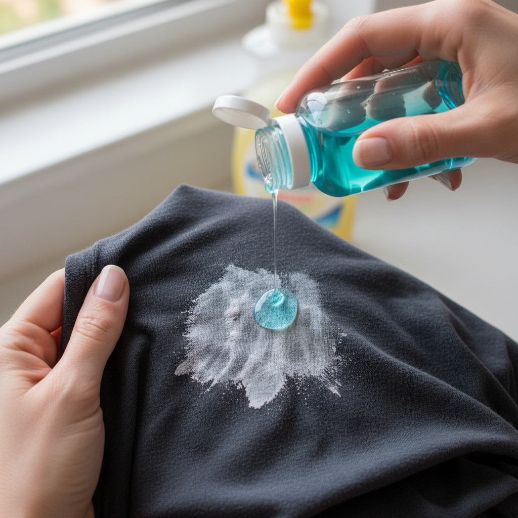 A pair of hands, with clean, well-groomed fingers, gently applying a few drops of clear or slightly colored liquid dish soap directly onto a visible, dry sunscreen stain on a piece of dark grey or black clothing. The fabric is slightly creased as if held for treatment. A small, generic bottle of dish soap is subtly visible in the soft-focus background. The scene conveys a practical, actionable step in the cleaning process. Bright, naturalistic lifestyle photography, emphasizing cleanliness and a 'how-to' feel.
