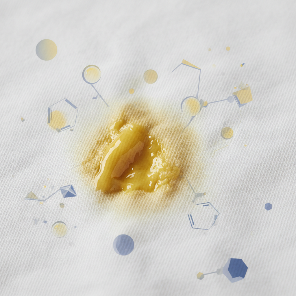 A detailed macro photograph focusing on a section of a crumpled white cotton t-shirt. A distinct, yellowish, oily sunscreen stain is prominently featured, showing its greasy texture absorbed into the fabric fibers. In the background, or subtly overlaid, abstract representations of oil droplets and chemical filter molecules are depicted, visually explaining how these components penetrate and bind with the textile fibers, causing the stubborn discoloration. The overall aesthetic should be clean, highlighting the problem with scientific clarity.