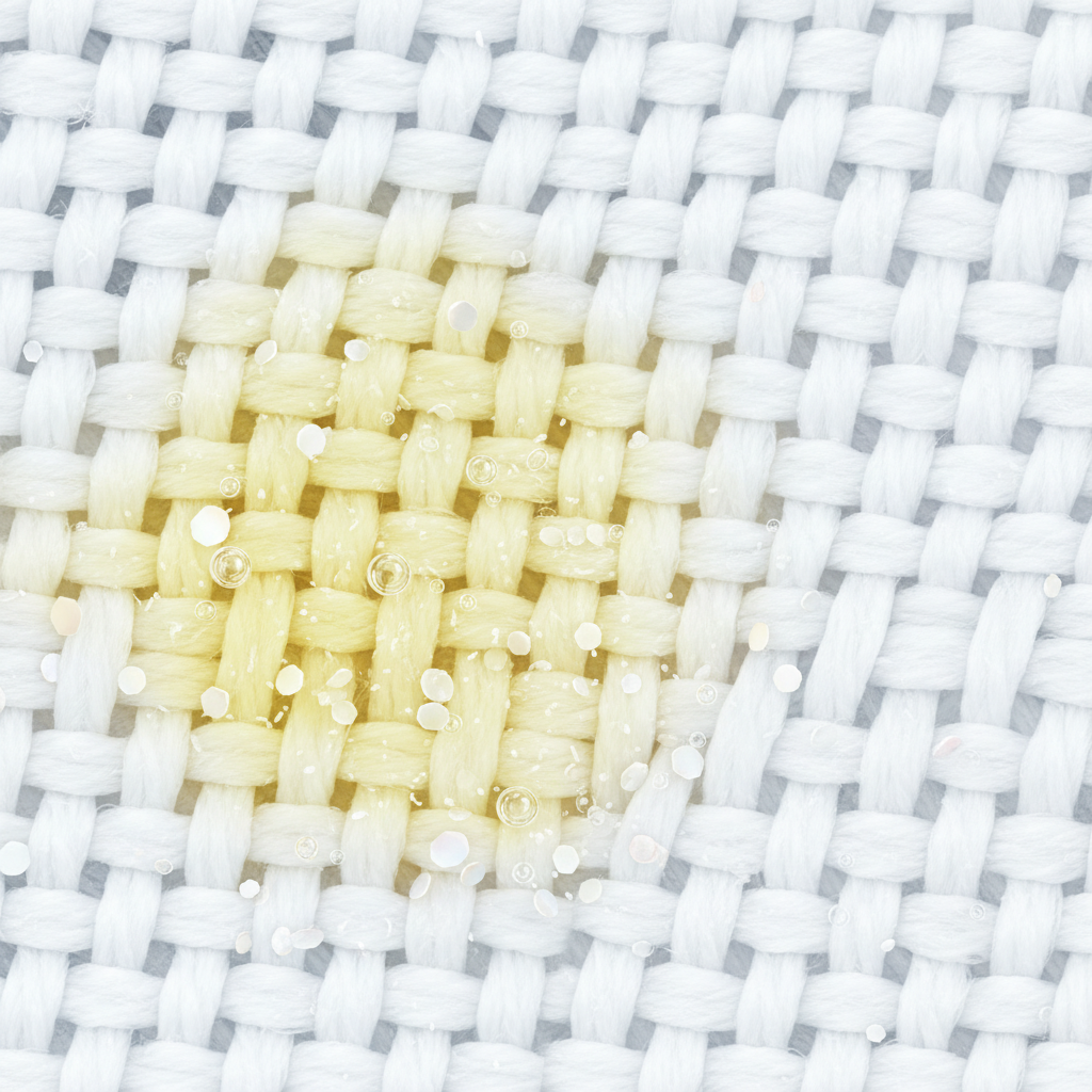 A close-up, macro view of white fabric fibers, intricately woven. A section of the fabric is visibly stained with a yellowish, slightly greasy residue, representing sunscreen. Within the stain, microscopic, stylized oil droplets and tiny, shimmering particles (symbolizing UV filters like zinc oxide) are depicted clinging stubbornly to the fabric threads, illustrating how difficult they are to dislodge. The surrounding white fabric is pristine and bright, creating a stark contrast with the stubborn stain. Style: Detailed macro digital illustration with a clean, scientific aesthetic.