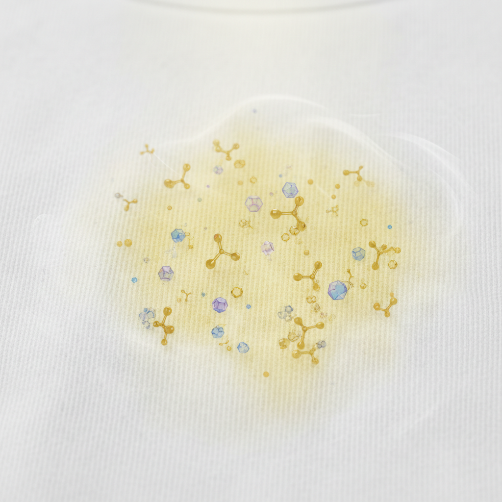 A close-up, macro photography style digital illustration of a white fabric, like a cotton t-shirt, exhibiting a distinct, faded yellow stain. Tiny, stylized representations of oily sunscreen molecules and geometric UV filter compounds are visibly embedded within the fabric fibers. Subtle light rays or a faint heat shimmer are implied around the stained area, visually suggesting the chemical reaction occurring within the textile. The focus is on scientific clarity and the visual representation of the stain's origin.