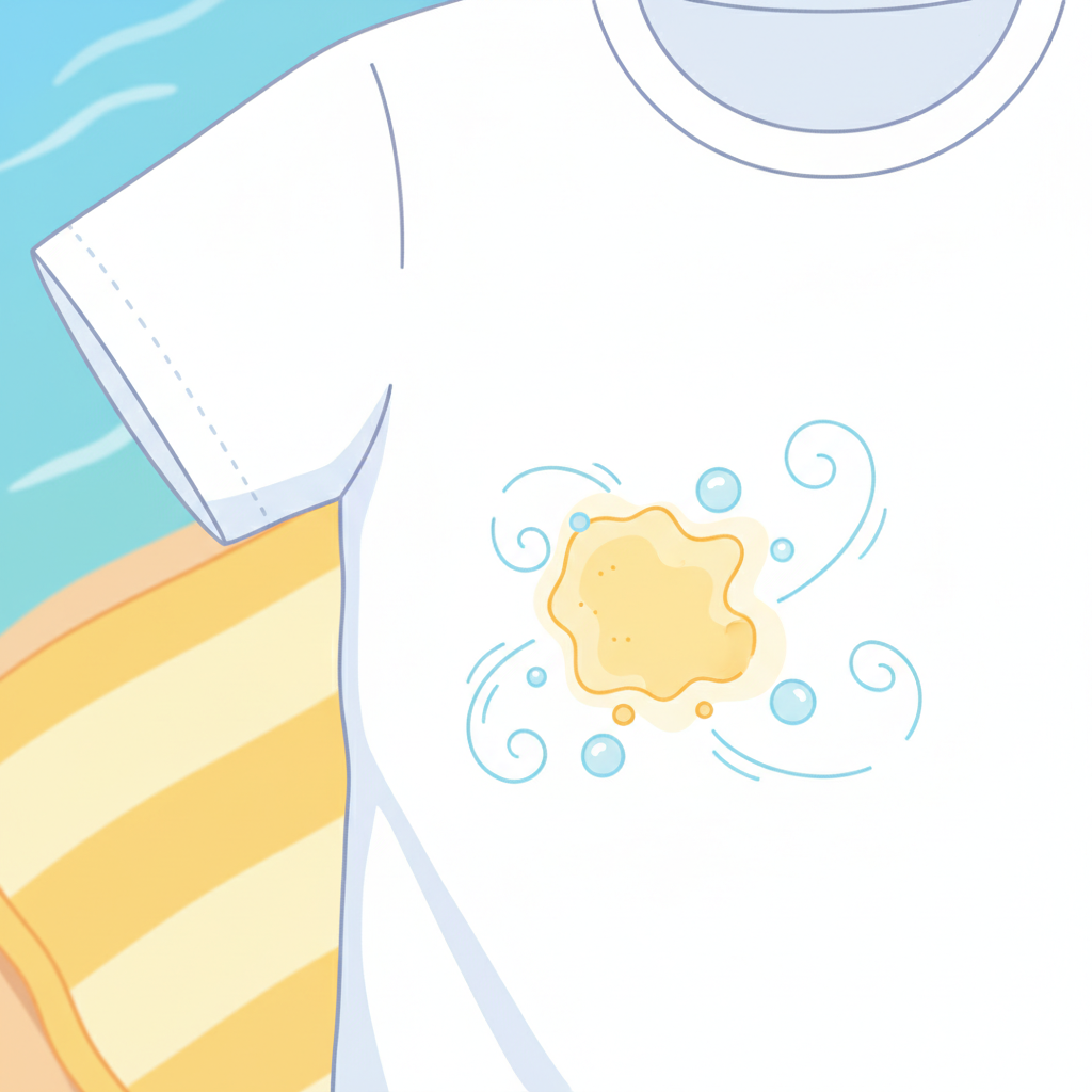 A vibrant, clean flat illustration depicting a close-up of a white t-shirt with a visible, yellowish sunscreen stain prominently displayed on the fabric. The stain should appear stubborn but not overwhelming. Around the stained area, subtle, illustrative swirls or small, gentle bubbles emanate, symbolizing the start of a cleaning process. In the blurred background, hints of a sunny outdoor setting, like a beach towel or faint sunlight, provide context without distracting. The overall composition should be bright and optimistic, conveying that the stain is manageable. No text.