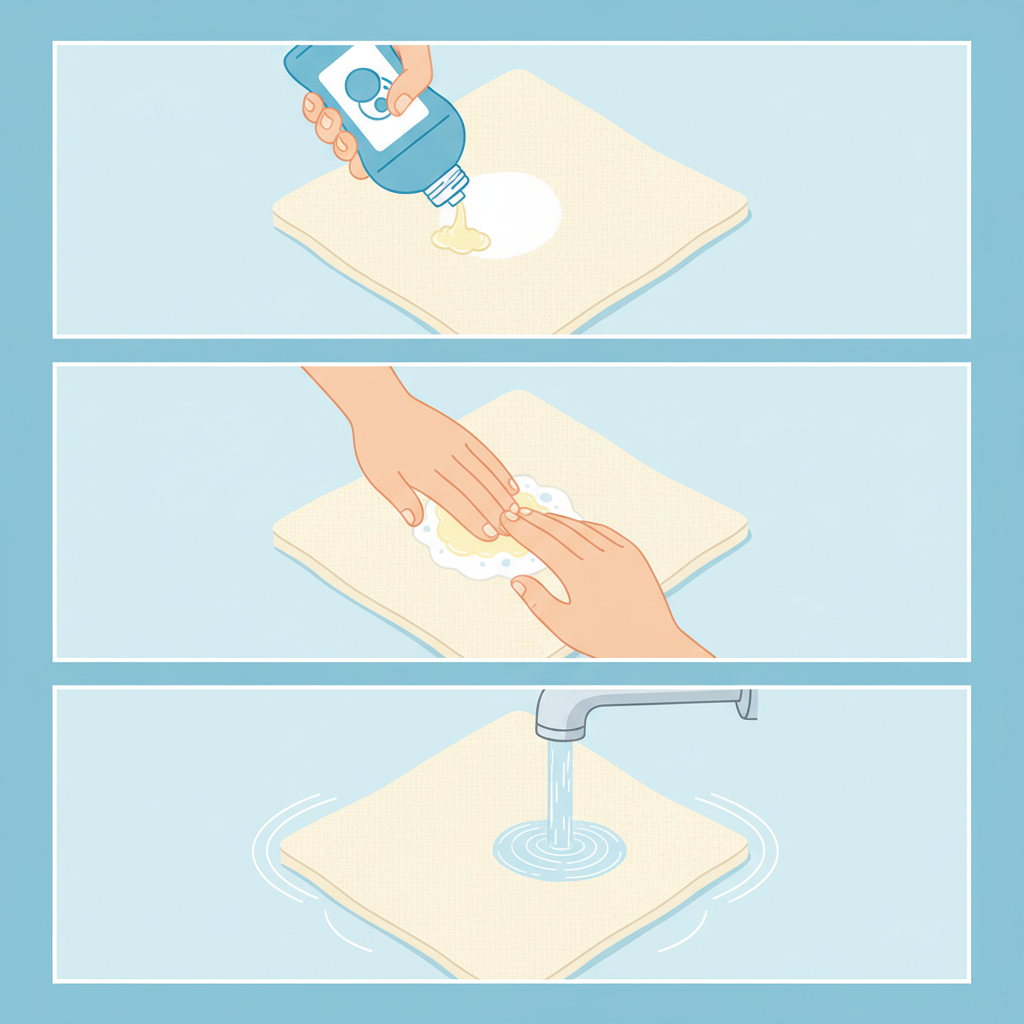 An infographic-style illustration detailing the steps of removing a sunscreen stain using dish soap. The scene should clearly show three distinct actions in a clean, sequential layout. First, a hand gently squeezes a bottle of liquid dish soap directly onto a visible sunscreen stain on a light-colored fabric. Second, the hand lightly rubs the applied soap into the fabric fibers. Third, the treated area is shown being rinsed under a gentle stream of cold water. The color palette should be fresh and clean, utilizing blues, whites, and soft yellows. No text.