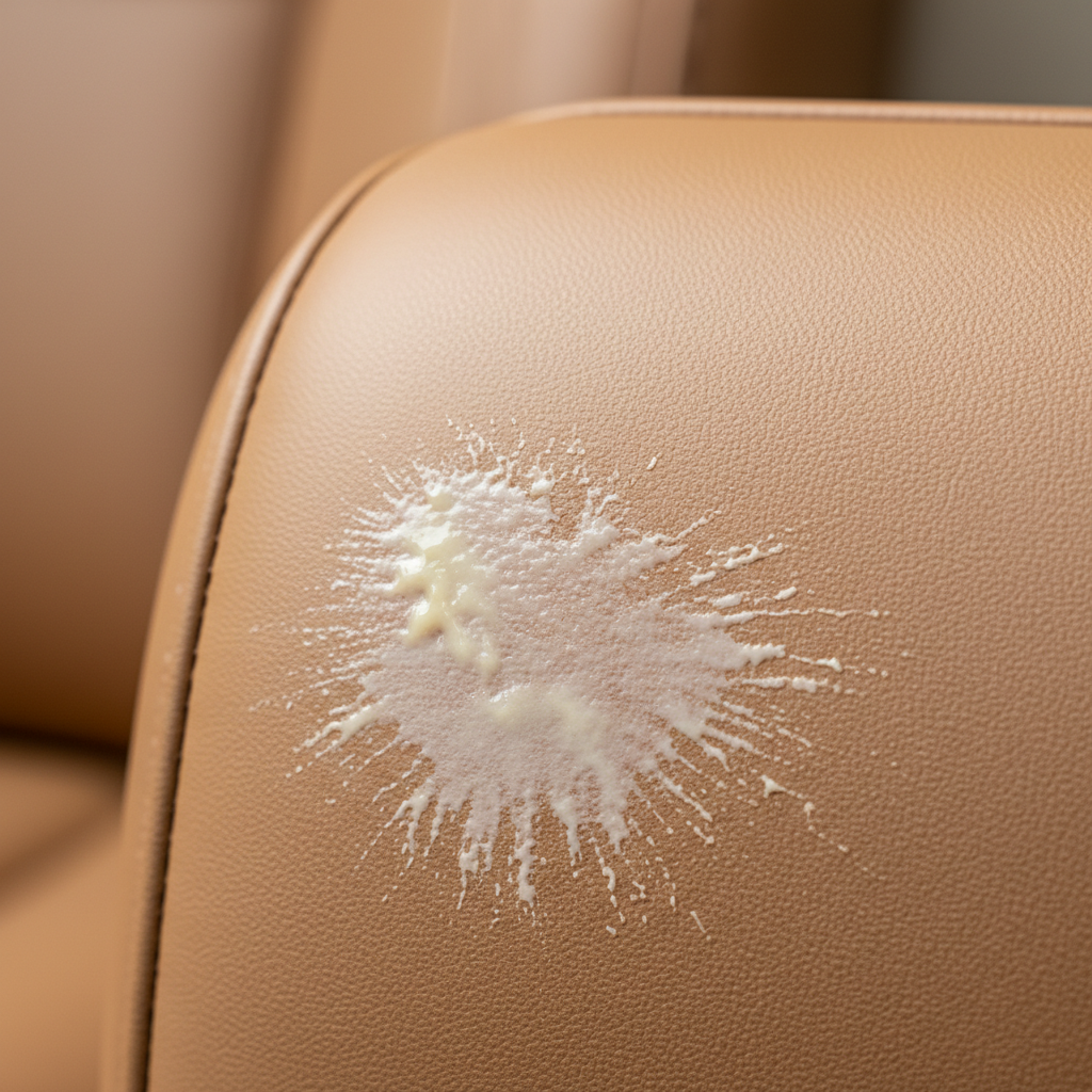 A high-detail, professional photo capturing a close-up of a luxurious, light brown smooth leather surface, possibly a car seat side bolster or a section of a couch cushion. A prominent, slightly oily and translucent white or yellowish sunscreen stain is clearly visible, showing how it has spread and begun to penetrate the leather's pores. The texture of the leather, with its fine grain, is sharply in focus, emphasizing the challenge of the stain. The overall lighting should be bright and natural, highlighting the contrast between the clean leather and the problematic residue, conveying the stubborn nature of the problem.