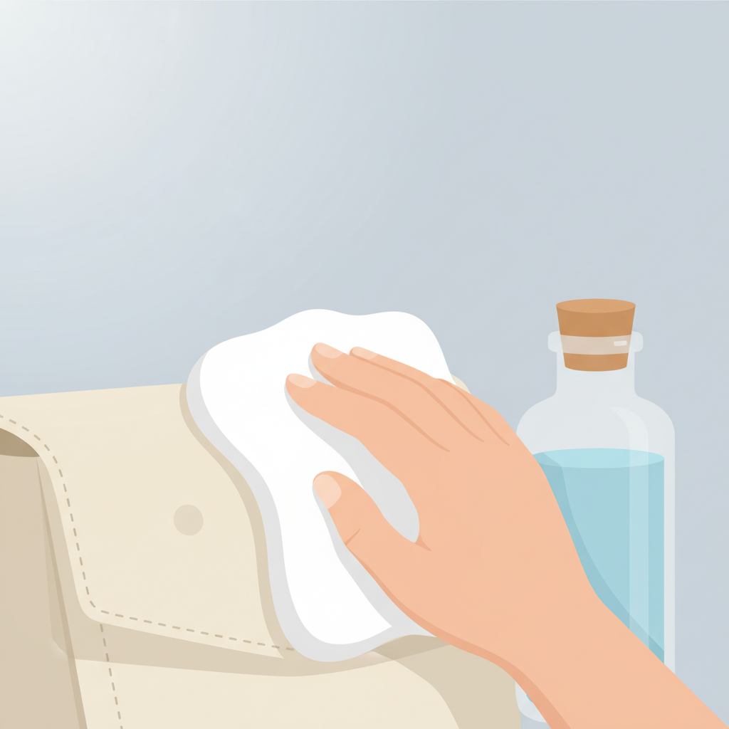 A clean, flat illustration depicting a gentle cleaning process on a piece of light-colored leather, perhaps a segment of a handbag or car interior. A disembodied hand, holding a soft, circular sponge or a folded microfiber cloth, is carefully dabbing or lightly wiping a small, subtle spot on the leather surface. Next to the hand, a generic, minimalist bottle or container (without any labels or branding) subtly hints at a cleaning solution. The background is simple and uncluttered, focusing on the action, conveying a sense of care and effective yet gentle treatment in a bright, modern aesthetic.