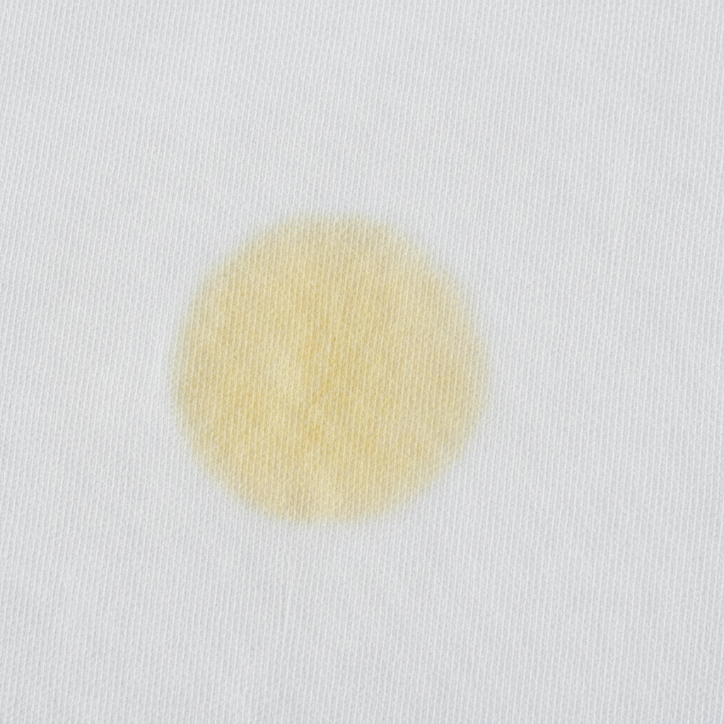 A close-up, high-definition photo capturing a prominent, yellowish sunscreen stain on a pristine white cotton t-shirt. The fabric fibers are clearly visible, with the oily stain appearing deeply embedded and creating a subtle discolored patch that contrasts with the surrounding clean white material. The lighting is natural and bright, emphasizing the stubborn nature of the blemish. Professional product photography style, clean, focused, and showcasing the texture of the fabric.