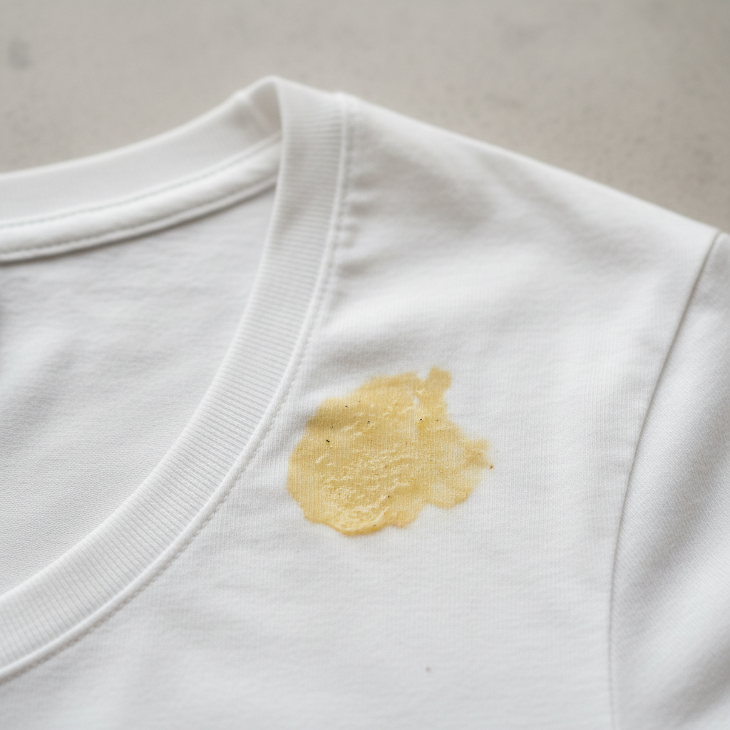 A close-up, high-resolution professional photo of a light-colored, possibly white cotton t-shirt. Focus on a visible, yellowish sunscreen stain near the neckline or shoulder strap area. The fabric fibers should be discernible, showing the oily, slightly discolored texture of the stain. The background should be clean and blurred, emphasizing the problematic stain. The image should convey the common frustration of finding these stubborn marks on beloved clothing items, highlighting the visual appearance of a typical sunscreen residue on fabric.