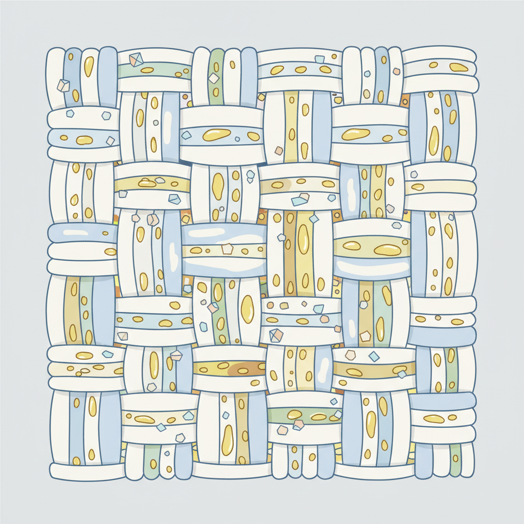A clean, modern flat illustration or simplified scientific diagram style image. Depict a magnified, conceptual cross-section of woven fabric fibers. Show abstract representations of sunscreen components – small, translucent yellow oil droplets and tiny, geometric chemical filter shapes – deeply embedded within and around the individual fabric strands. Illustrate how these elements penetrate and cling to the fibers, causing discoloration. The fibers themselves should appear intertwined and robust, visually explaining the stubbornness and depth of sunscreen stains in textiles.