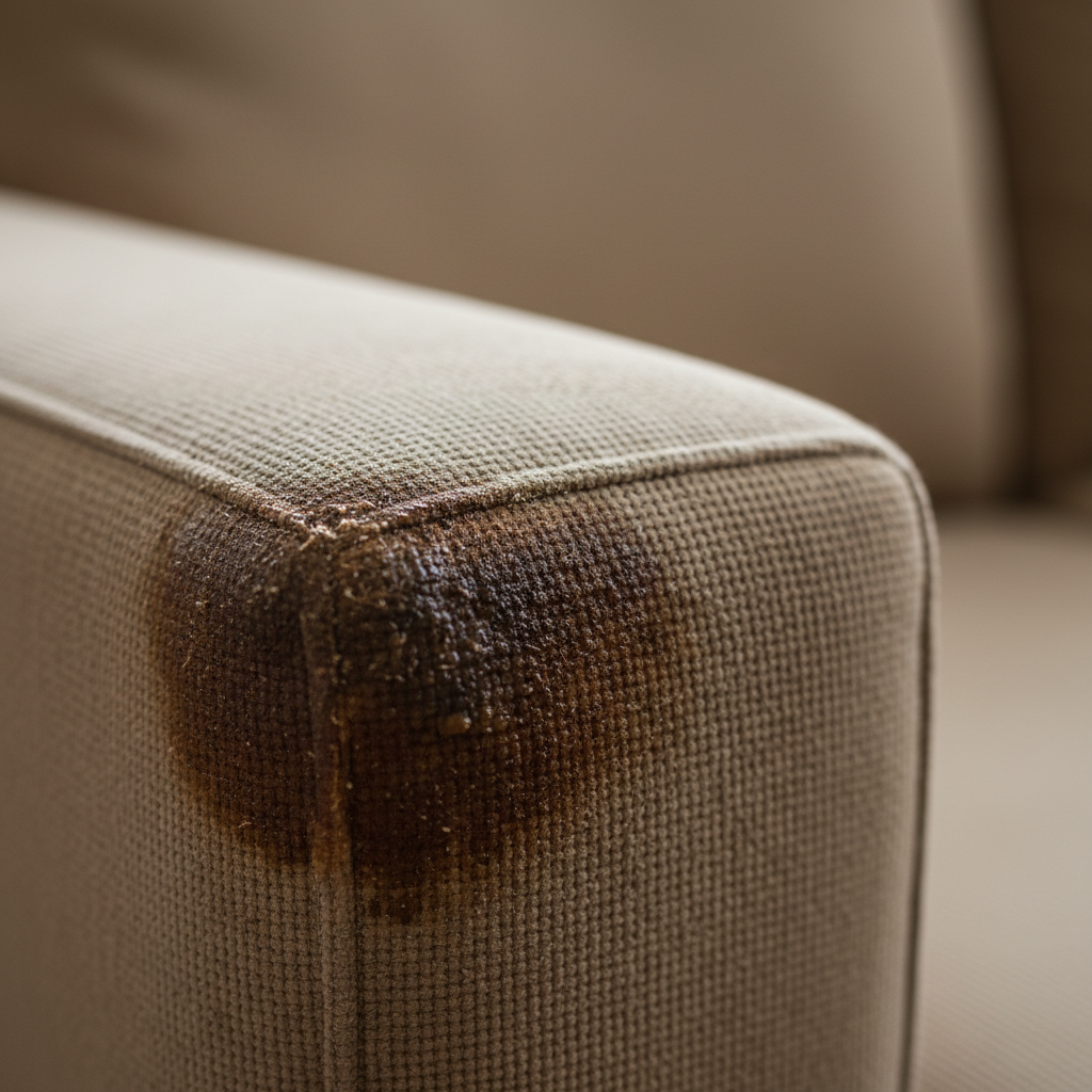 A high-quality, realistic close-up photo of a fabric sofa armrest. The focus is on a prominent, dark, and slightly glossy patch of accumulated grease and grime where hands would typically rest. Fine dust particles are visible clinging to the fabric fibers within the discolored area, contrasting with a cleaner, lighter section of the armrest further away. The lighting should emphasize the texture and the unpleasant sheen of the 'speckige' surface, conveying a sense of neglected cleanliness. The background is softly blurred, keeping attention on the armrest.