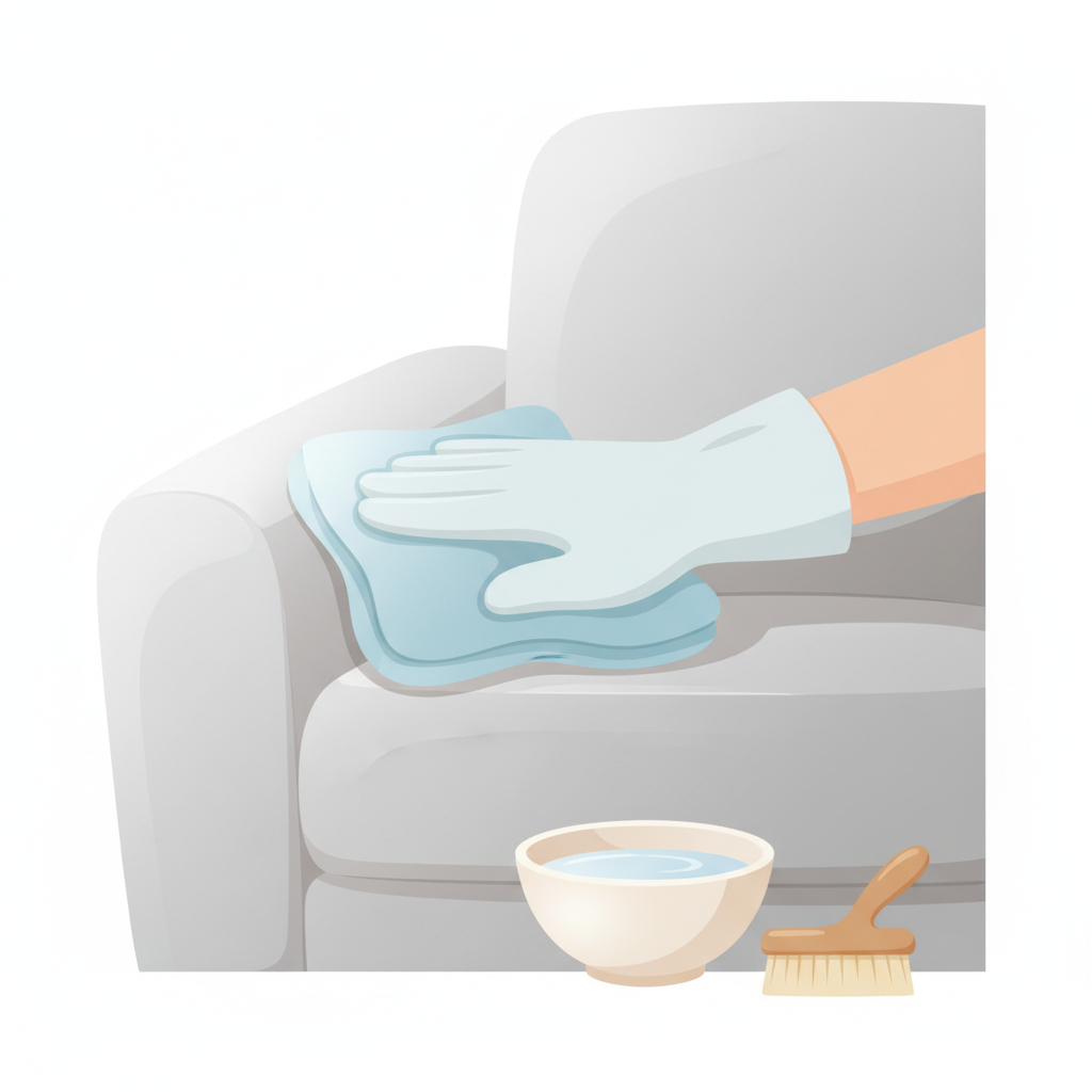 A bright and clean flat illustration depicting a stylized human hand, wearing a subtle protective glove, gently wiping down a segment of a modern fabric sofa armrest with a soft, damp cleaning cloth. One portion of the armrest should appear visibly cleaner and fresher, while the area just being cleaned shows a subtle transition from a slightly darker, duller state to the revitalized appearance. Nearby, a simple bowl with a clear liquid and a small brush are subtly placed, suggesting cleaning supplies. The overall aesthetic is inviting and conveys ease and effectiveness.