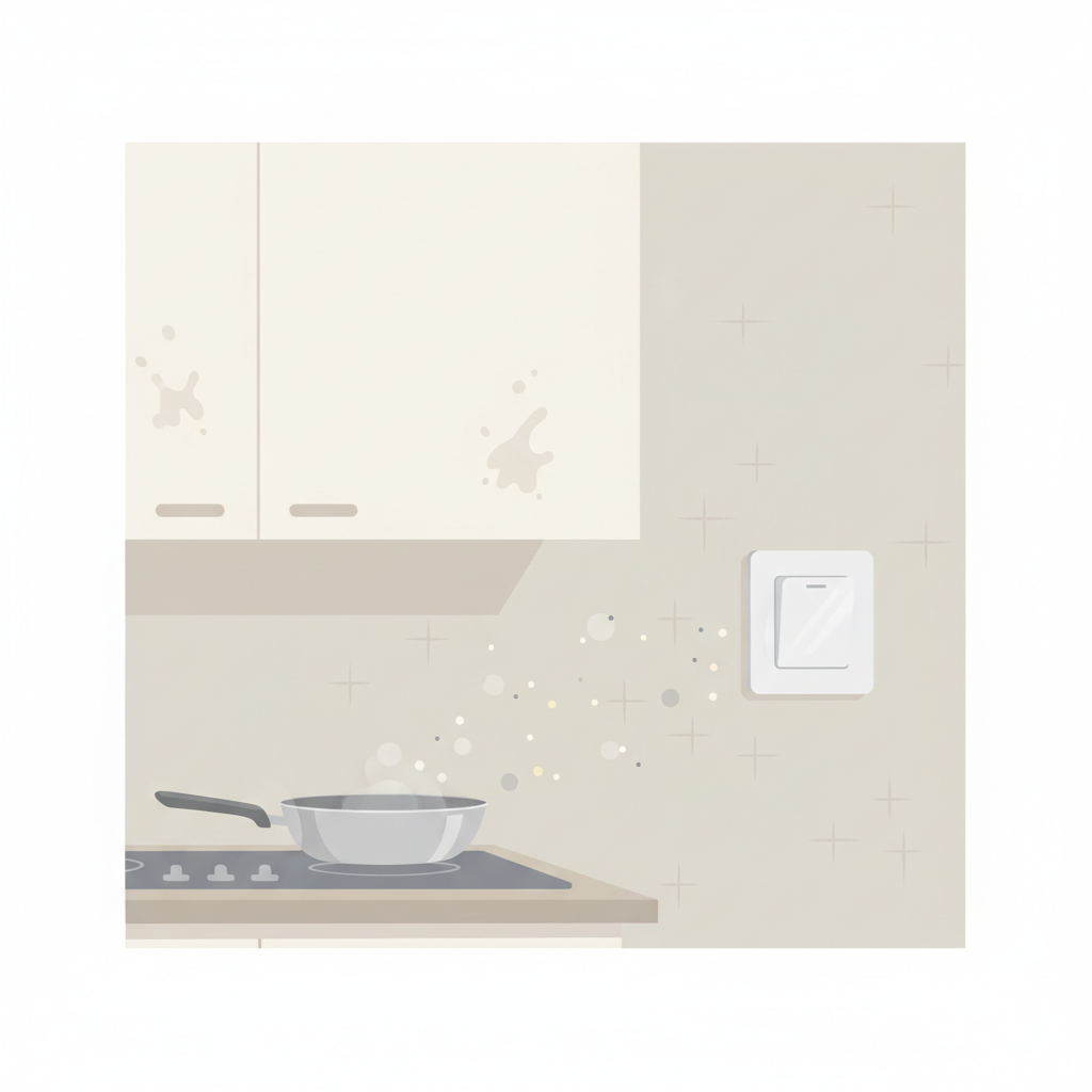 A clean, modern flat illustration depicting common areas affected by greasy stains. The scene shows a subtle kitchen vignette with a stovetop area, a cabinet door, and a wall. Delicate, faint grease splatters are visible on the cabinet surface. Adjacent to this, a light switch plate shows a faint, shiny film from repeated touching. Tiny, almost invisible particles, representing dust and fat, are subtly suggested floating in the air, settling on surfaces. The overall impression is one of everyday, subtle accumulation, visually explaining the origin of 'speckige Flecken'.