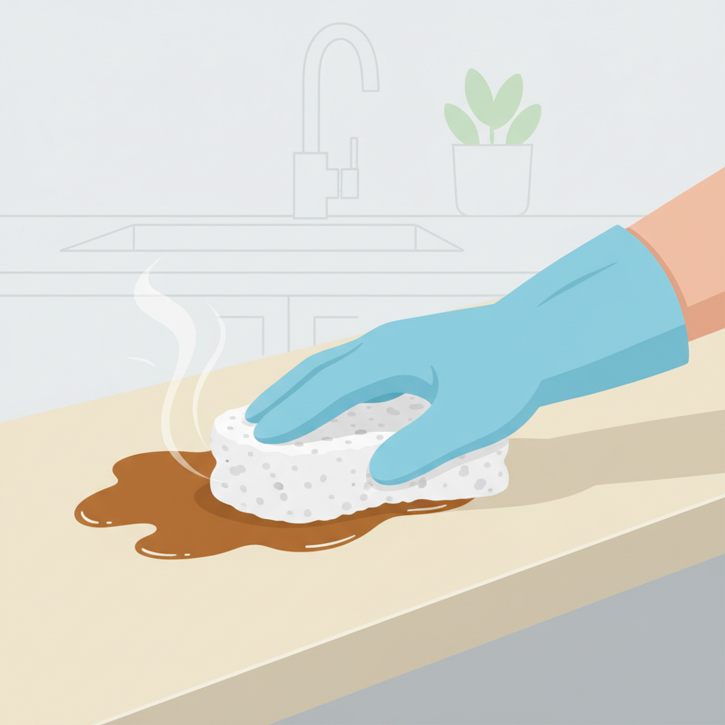 A professional, clean flat illustration showing the effective removal of a greasy stain. A generic hand, possibly wearing a light blue cleaning glove, is actively wiping a surface with a clean cloth or sponge. The surface could be a beige kitchen countertop or a piece of light-colored fabric. A distinct, dark, greasy stain is partially visible on the 'before' section, while the area where the cloth has passed is noticeably clean and bright, indicating successful removal. The focus is on the action of cleaning and the visible transformation from dirty to clean, conveying efficiency and positive results.