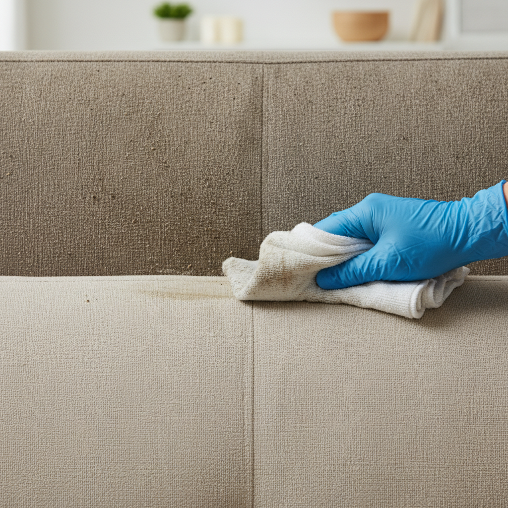 A professional, well-lit photo capturing a close-up of a microfiber couch cushion. One half of the cushion appears visibly greasy, dull, and matted, showing accumulated dirt and grime. The other half, however, is strikingly clean, vibrant, and fluffy, showcasing the material's original texture. A hand, possibly gloved, is actively wiping the transition area between the dirty and clean sections with a clean, damp microfiber cloth, suggesting the cleaning process in action. Focus on the stark contrast between the uncleaned and restored sections, emphasizing the effectiveness of cleaning. The overall mood should be one of transformation and relief.