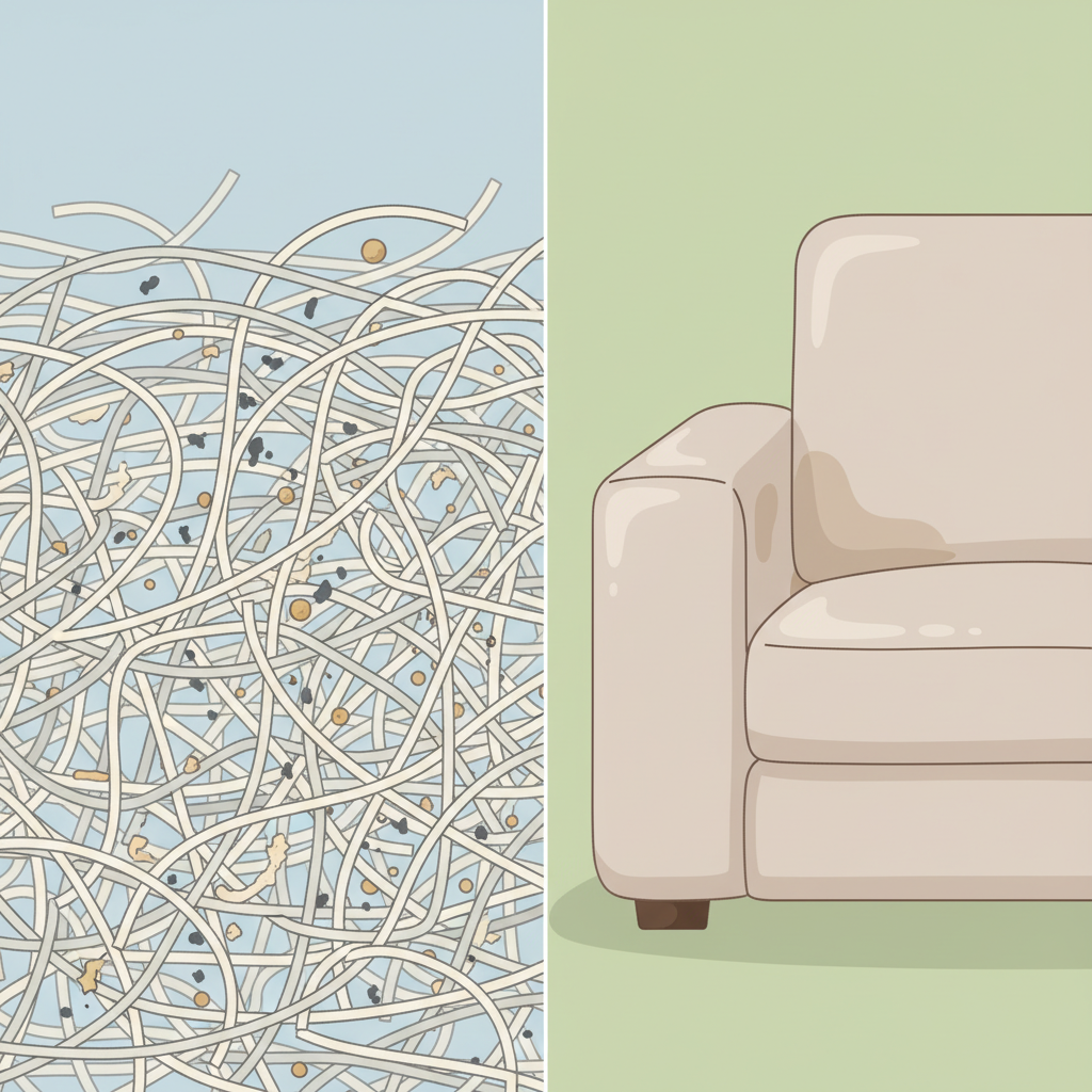 A detailed flat illustration in an infographic style, showing two distinct visual sections. The left section depicts a highly magnified, simplified cross-section of microfiber fabric, with tiny, intricate fibers. Small, stylized, abstract symbols representing skin oils (e.g., small glossy dots), dust particles (e.g., tiny specks), and food remnants (e.g., crumb-like shapes) are shown trapped within these fibers, illustrating how the material accumulates grime. The right section displays a clean, minimalist illustration of a generic couch armrest or a cushion corner. Specific high-contact areas on this couch part are subtly highlighted with a slightly darker, shinier texture, visually indicating the 'greasy' spots where dirt typically accumulates due to use. The overall aesthetic should be clean, informative, and visually explanatory.