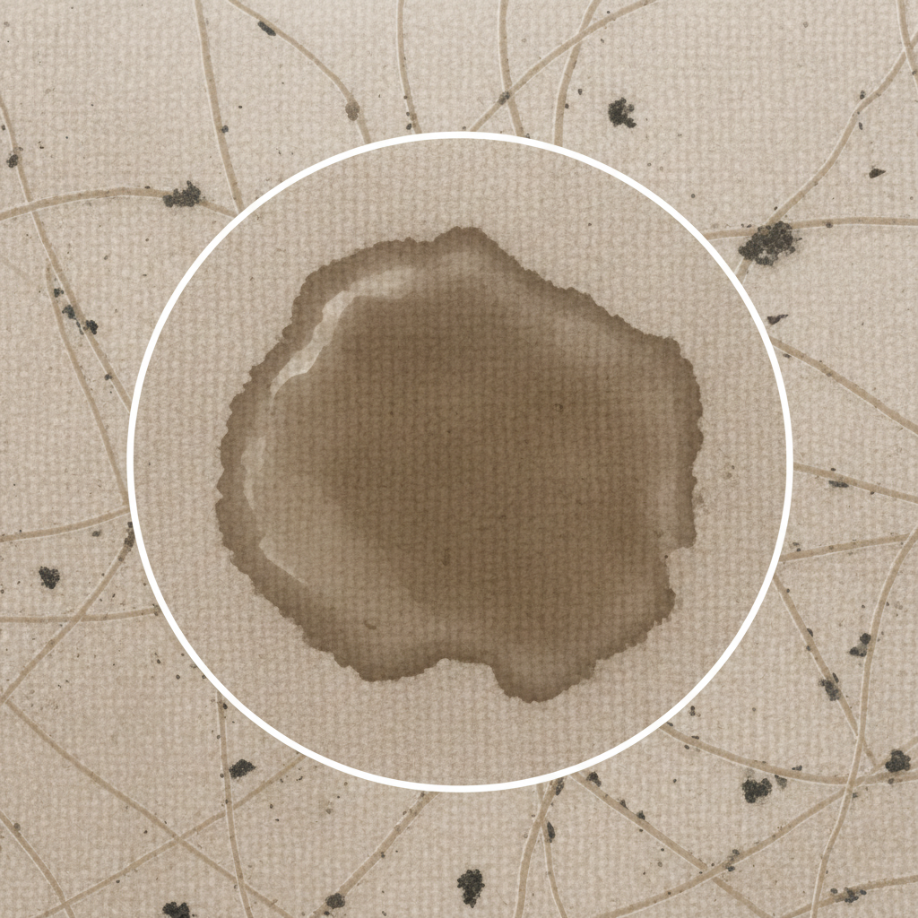 A visually striking digital illustration depicting a close-up section of a plush, beige microfiber couch. A prominent, slightly glossy 'speckig' (greasy/dirty) spot is visible on the cushion, contrasting with the clean surrounding fabric. Superimposed or subtly integrated into the background, an abstract, magnified view of intertwining, ultra-fine synthetic fibers is shown, with small, dark, irregular particles representing trapped dirt and grease clinging to the individual strands. The overall image emphasizes the texture of microfiber and the visual impact of accumulated grime.