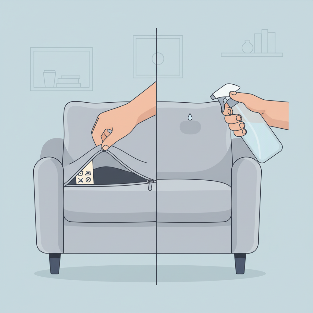 A clean, modern flat illustration showcasing two key preparation steps for couch cleaning. On the left, a hand gently pulls open a zipper on a couch cushion to reveal a small fabric tag with various abstract care symbols (e.g., a stylized bucket, a stylized circle, a stylized 'do not' symbol), without any letters or words. On the right, another hand carefully applies a tiny, clear drop of liquid from a generic spray bottle onto an inconspicuous, hidden patch of the same microfiber couch fabric, indicating a test patch. The scene conveys diligence and careful preliminary checks before cleaning.