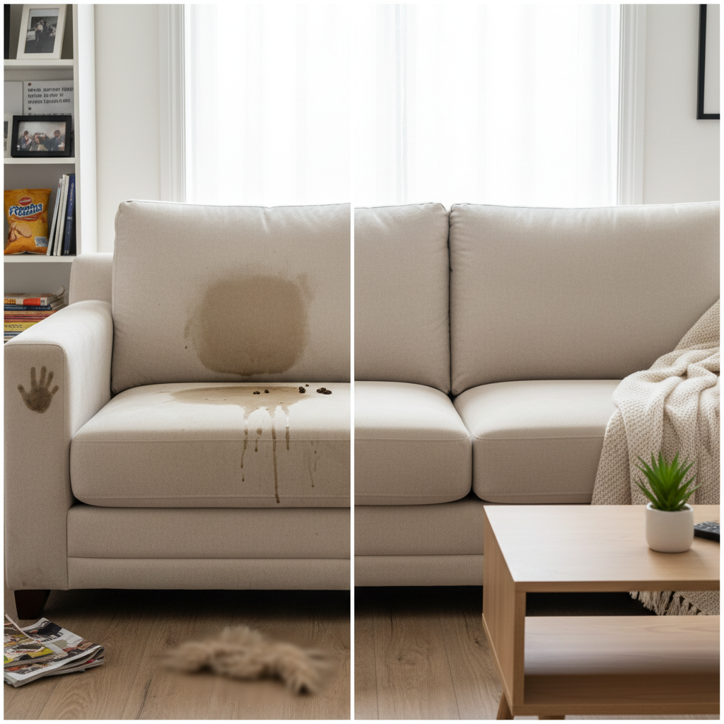 A visually striking split image or a scene showcasing a plush, light-colored sofa. One side or section of the sofa appears noticeably dull, stained, and 'speckig' (greasy), with subtle representations of common causes around it – a faint outline of a greasy handprint on the armrest, a small crumb near a cushion, or a blurred hint of a pet's fur. The other side or section is pristine, vibrant, and clean, highlighting the potential for restoration. The overall style should be a professional, high-resolution lifestyle photograph, emphasizing the contrast between dirty and clean in a home environment.