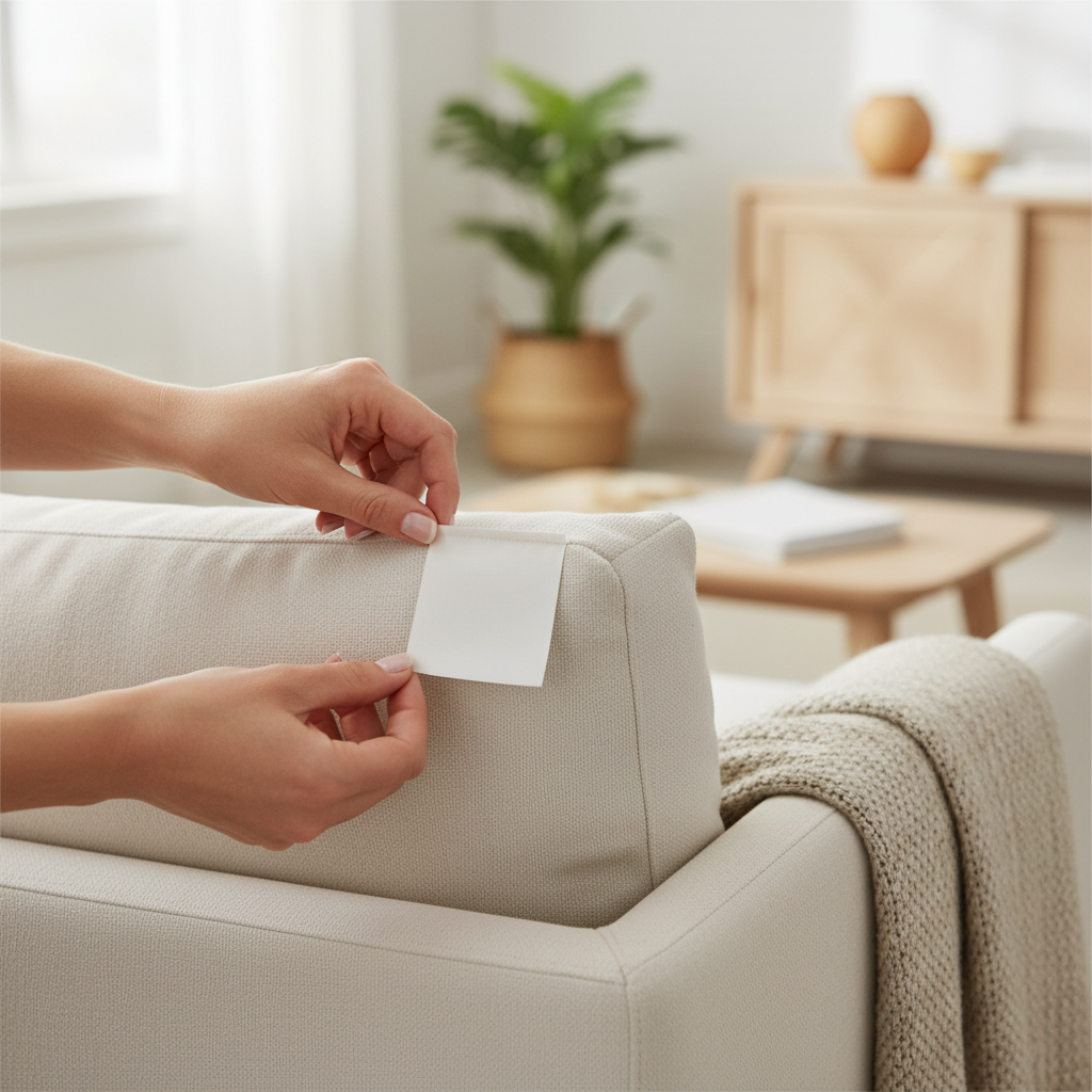 A close-up, clear shot illustrating the process of identifying a fabric care label on an upholstered furniture piece. A pair of hands, with clean fingernails, gently pulls back a sofa cushion or reaches underneath it to reveal a small, rectangular fabric care tag. The tag itself is clean and white/light-colored, designed to appear like a care label, but without any discernible letters or symbols. The background is a soft-focus interior, indicating a home setting. The style should be a clean, modern, slightly bright flat illustration or a professional, well-lit studio photograph, emphasizing careful inspection.