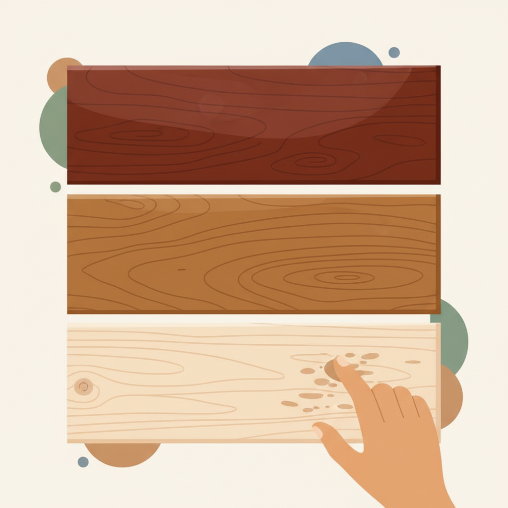 A flat illustration showcasing a wooden surface, subtly divided into three distinct sections, each representing a different wood finish: a smooth, slightly reflective lacquered section; a subtly matte, rich-toned oiled section; and a raw, porous untreated section. A pair of discerning hands is gently touching or examining the texture of one of these sections, conveying the act of identifying the wood type and finish. The background elements are minimal, keeping the focus on the wood's characteristics and the careful examination. The style should be a clean, modern flat illustration with an emphasis on texture differences and a warm, natural color palette.