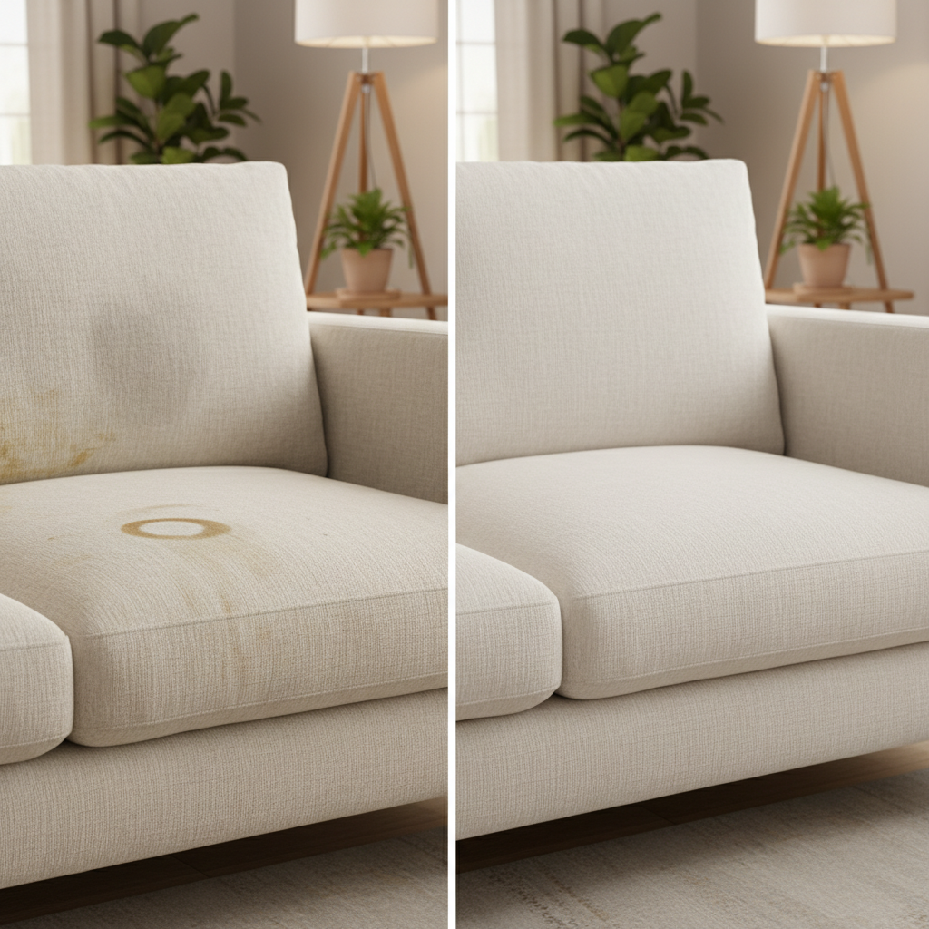 A visually striking 'before and after' comparison scene within a cozy, modern living room. On the left side, a section of a light-colored fabric sofa appears dull, discolored, and features visible, common stains like a coffee ring or a dark smudge, clearly depicting a 'speckiges Sofa'. On the right side, the exact same sofa section is impeccably clean, bright, and looks freshly renewed, emanating a subtle sense of pristine comfort. The overall aesthetic should be warm and inviting. Professional photo, clean and well-lit.
