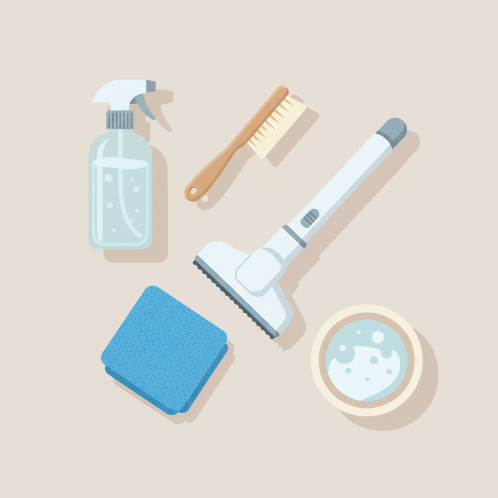 A detailed flat illustration showcasing a collection of essential sofa cleaning tools and supplies, neatly arranged on a light, neutral background. Key items include a generic spray bottle (containing a clear liquid), a soft-bristled brush, a clean microfibre cloth, a small handheld vacuum cleaner nozzle, and a bowl with a gentle, foamy cleaning solution. The items should convey functionality and effectiveness, ready for use. The style should be clean, modern flat illustration with soft shadows, emphasizing a practical and approachable DIY cleaning process.