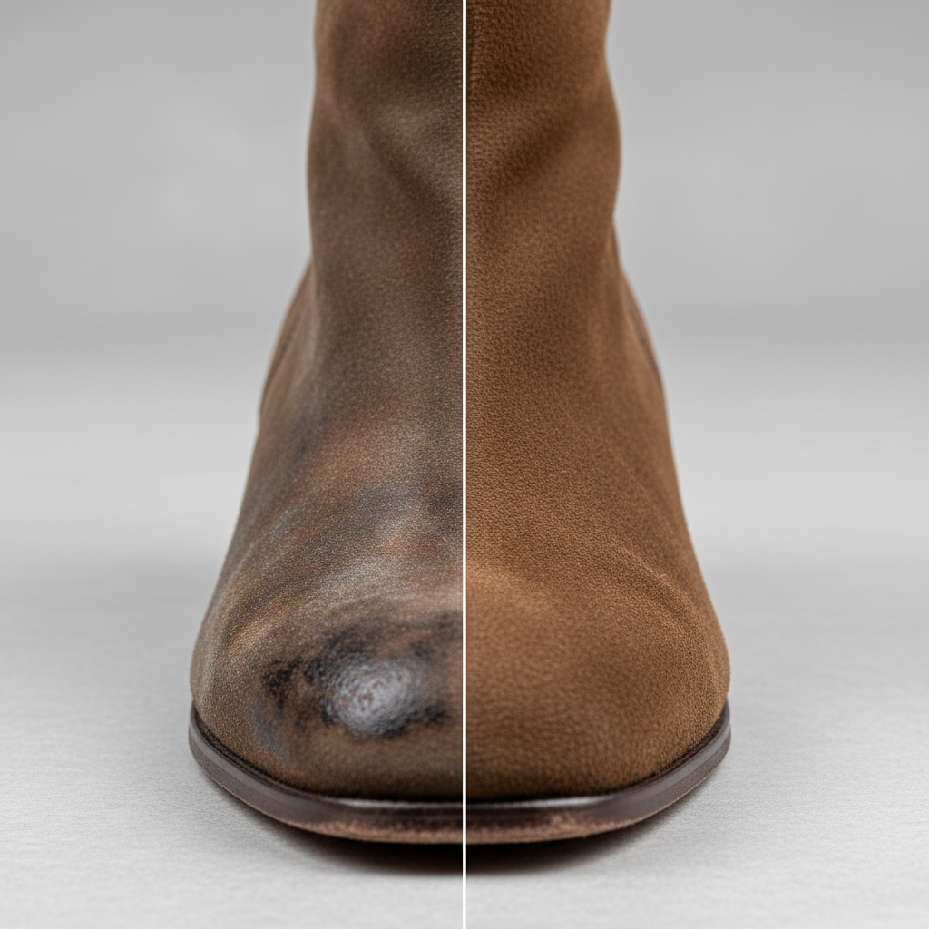 A visually striking professional product photograph showcasing the transformation of a suede item. On the left side, a close-up of a luxurious suede boot or handbag with visible greasy, shiny patches, dust, and general wear, emphasizing matted-down fibers and a dull appearance. On the right side, the exact same item appears pristine, with its characteristic soft, napped texture fully restored, looking vibrant and clean. The background should be neutral and minimalist, allowing the intricate suede texture to be the main focus, illuminated by soft, even lighting.