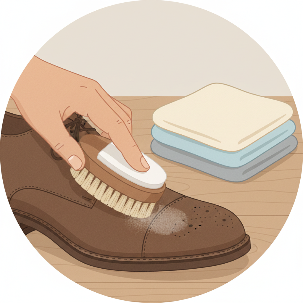 An infographic-style illustration depicting a hand carefully using a specialized suede brush on a section of a suede item, perhaps the toe of a shoe or an elbow patch of a jacket. The brush, with distinct brass or rubber bristles, is visibly lifting and cleaning greasy, matted fibers from the suede surface. Nearby, a suede eraser is shown effectively removing a smaller, dry spot. Clean, soft microfiber cloths are neatly folded in the background. The overall scene should convey gentle care and effective cleaning, with focus on the intricate texture of the suede and the specific cleaning tools, rendered in a clean, flat illustration style with subtle textural details.